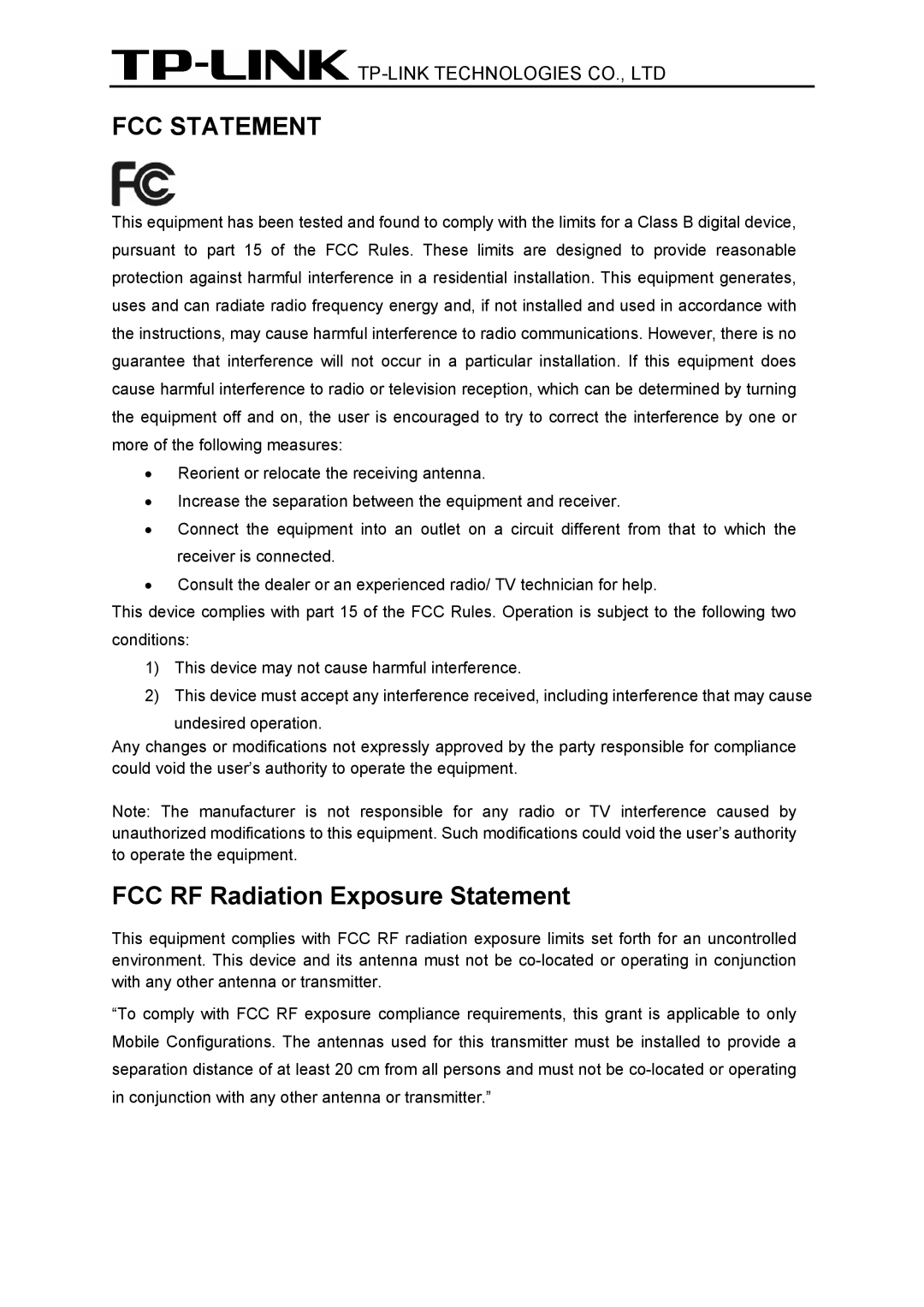 TP-Link TL-WN8200ND manual FCC Statement 