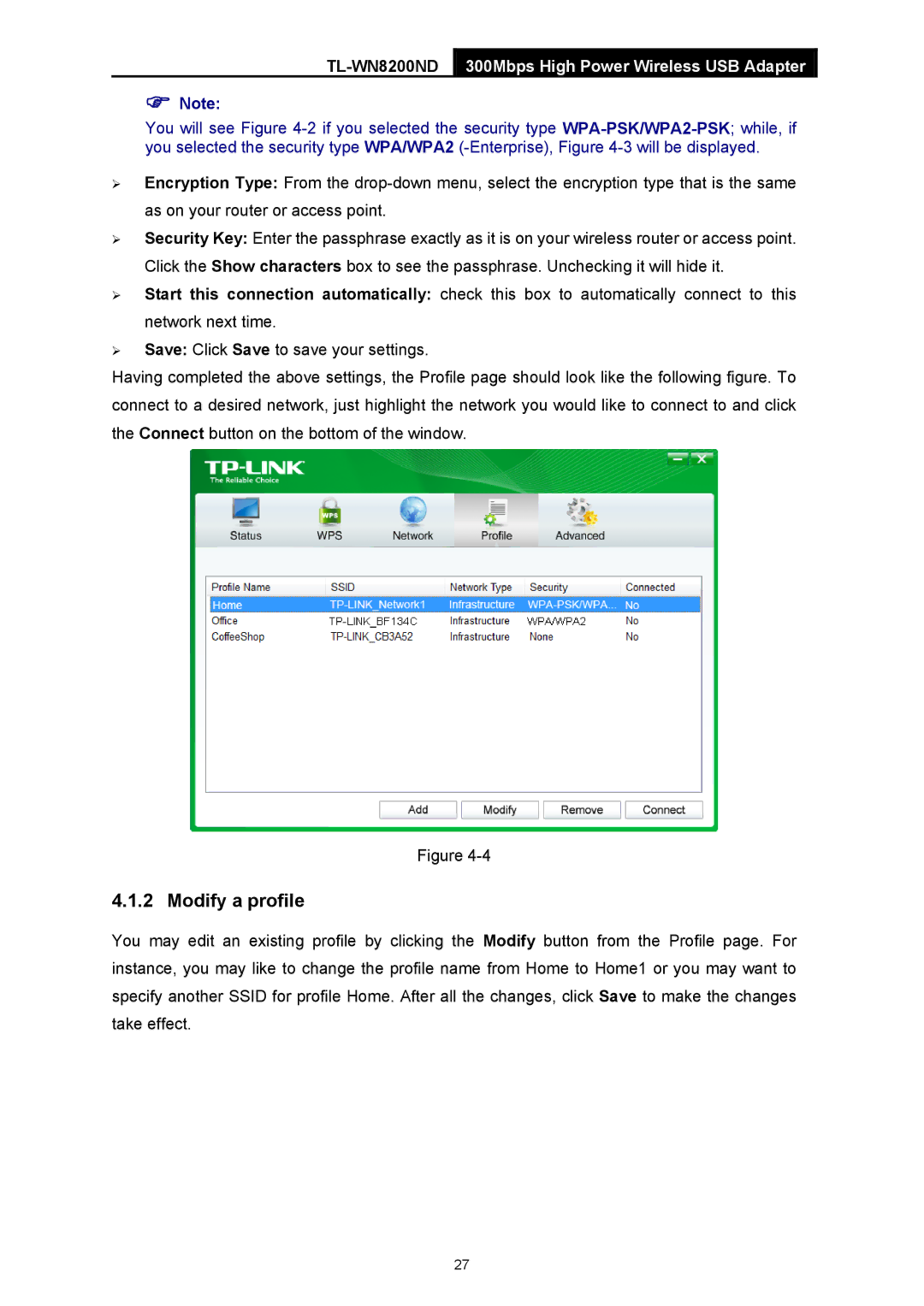 TP-Link TL-WN8200ND manual Modify a profile 