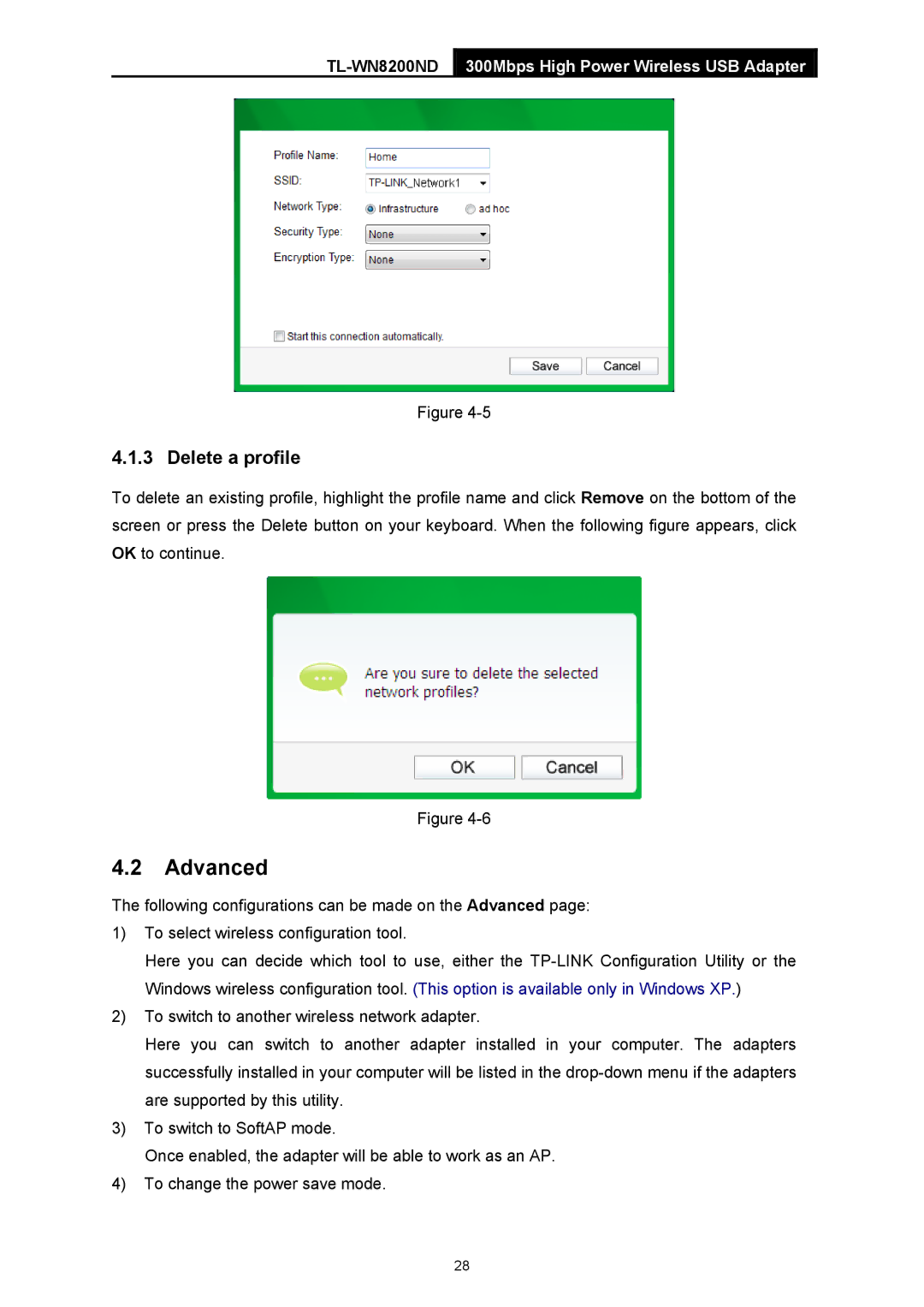 TP-Link TL-WN8200ND manual Advanced, Delete a profile 