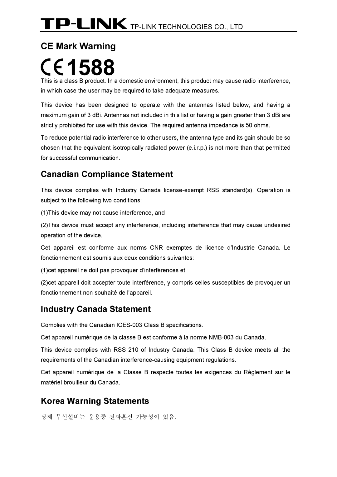 TP-Link TL-WN8200ND manual CE Mark Warning 