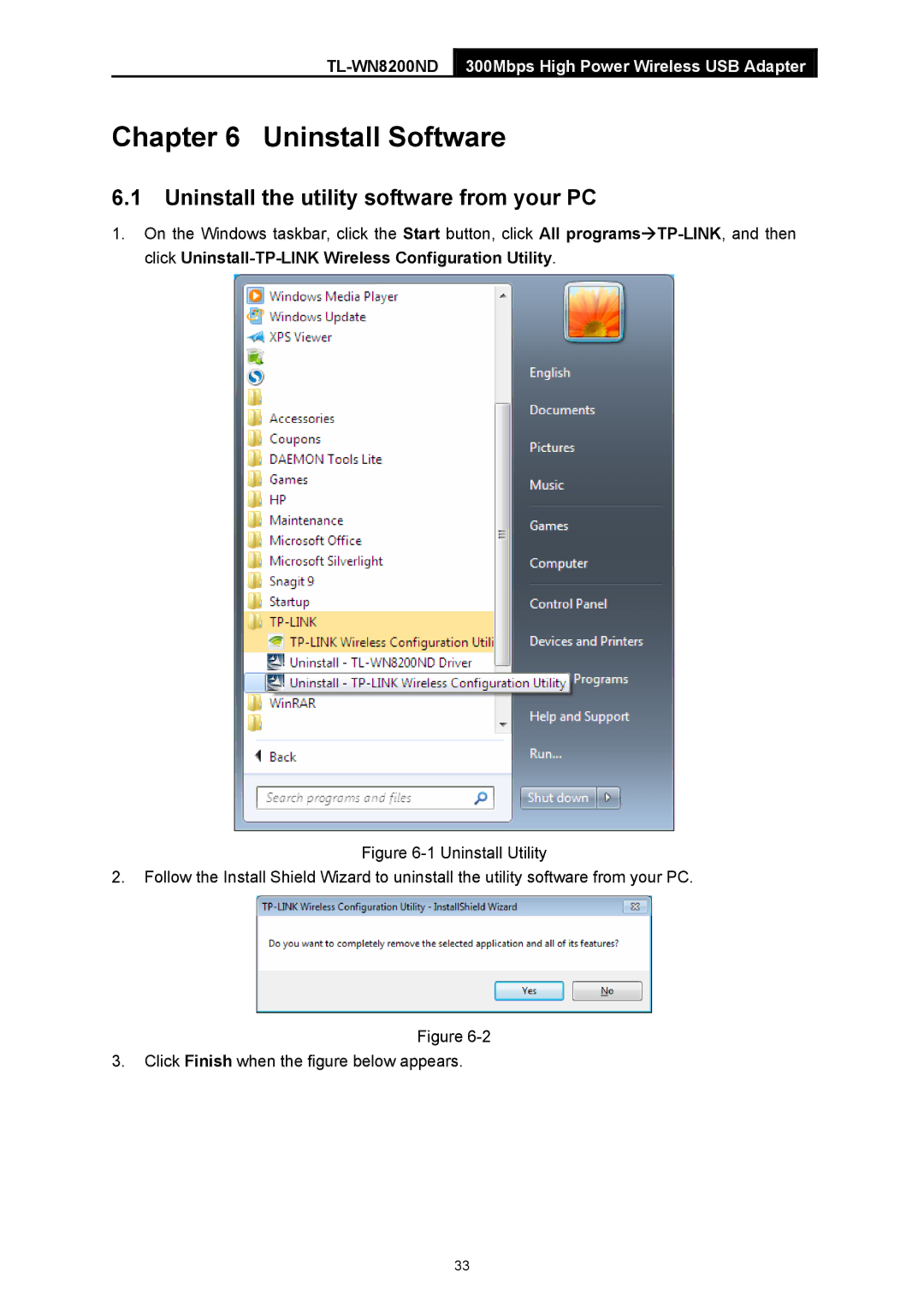 TP-Link TL-WN8200ND manual Uninstall Software, Uninstall the utility software from your PC 