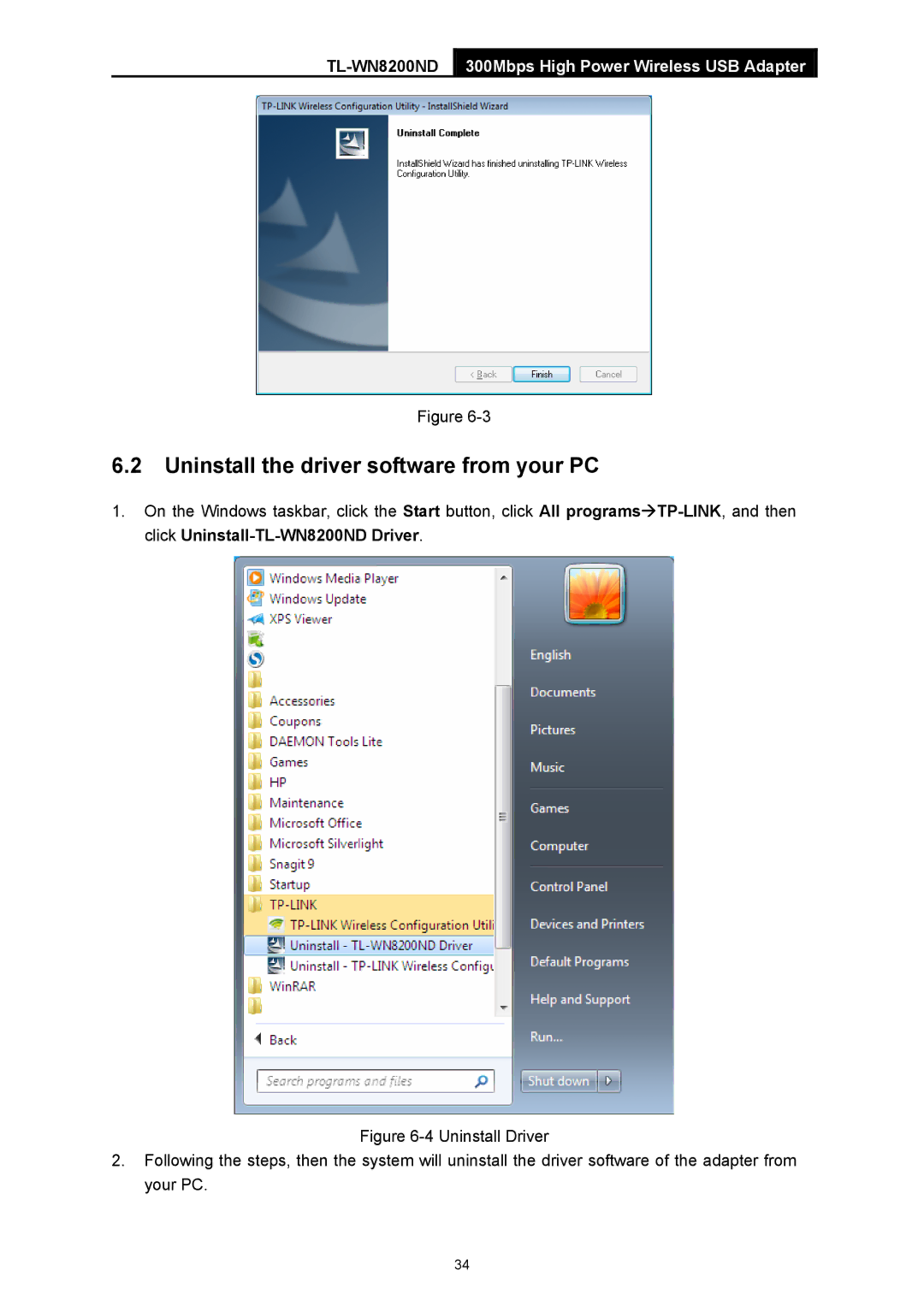 TP-Link TL-WN8200ND manual Uninstall the driver software from your PC 