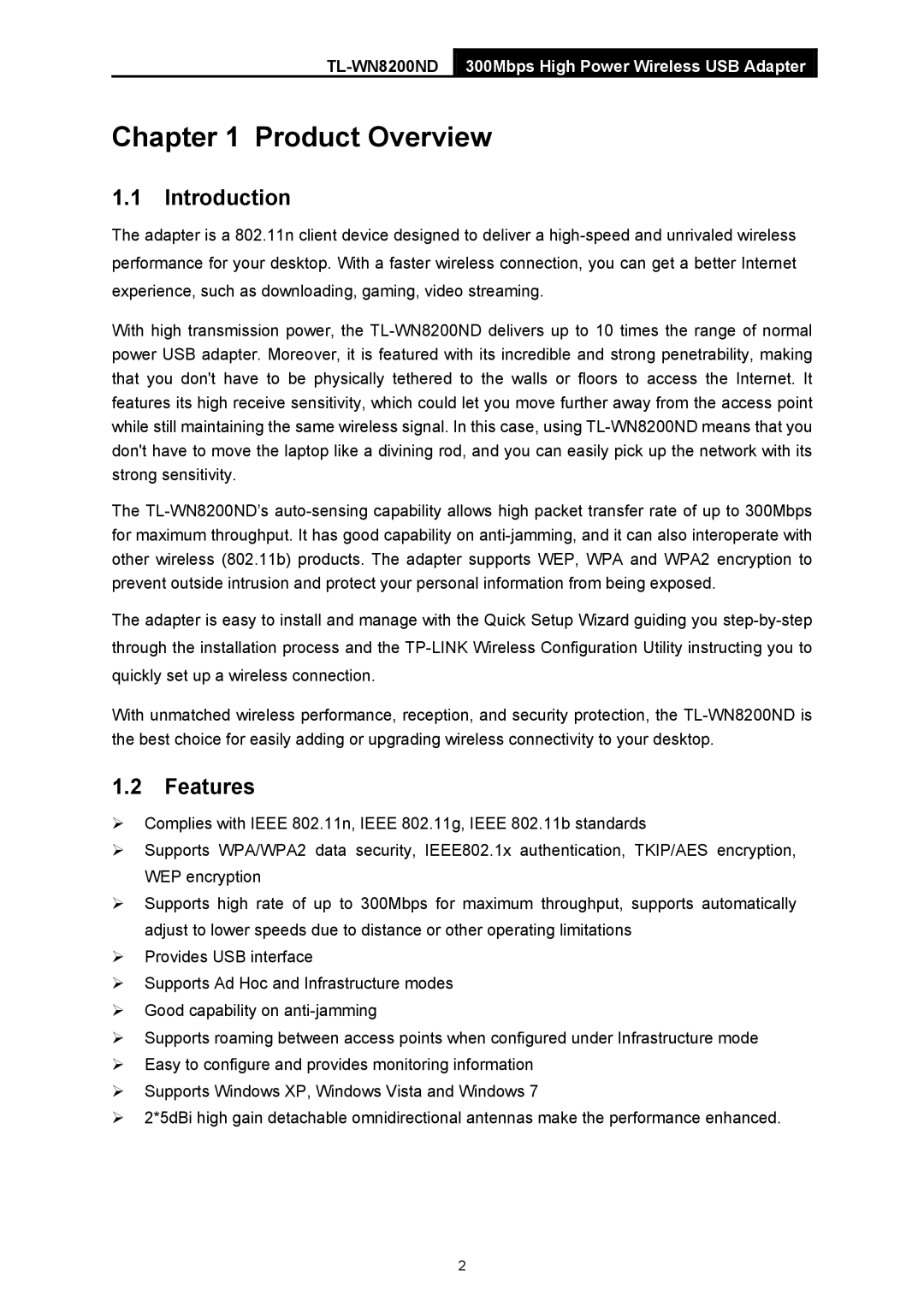 TP-Link TL-WN8200ND manual Product Overview, Introduction, Features 