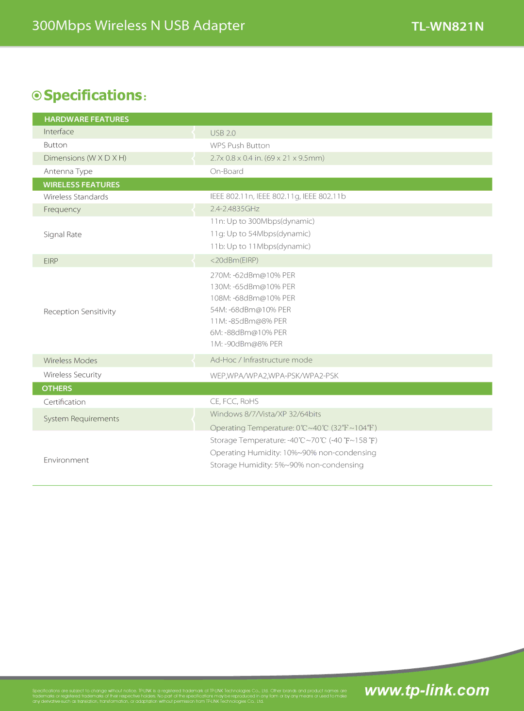 TP-Link TL-WN821N manual Specifications：, Hardware Features, Wireless Features, Others 