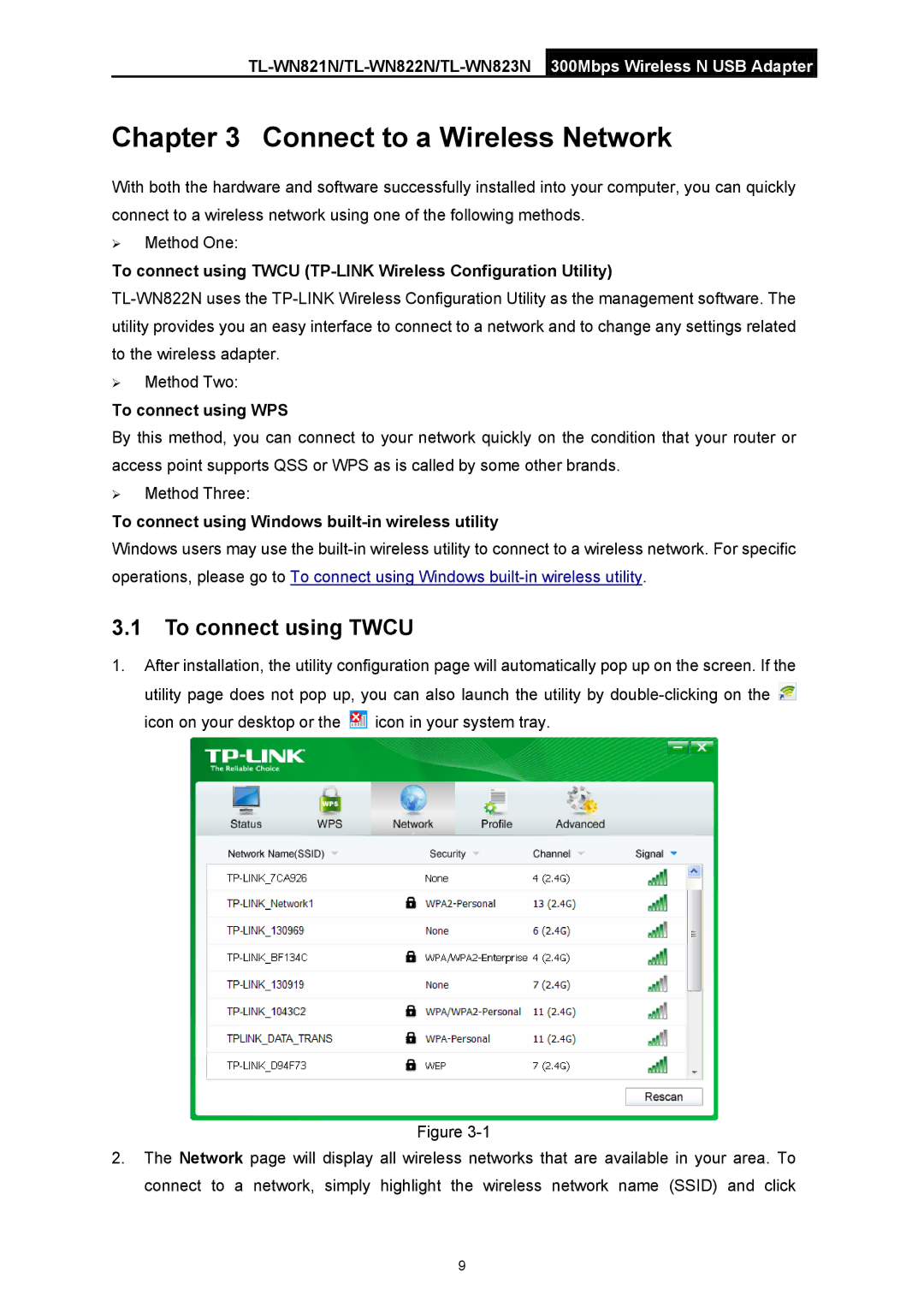 TP-Link TL-WN822N manual Connect to a Wireless Network, To connect using Twcu 