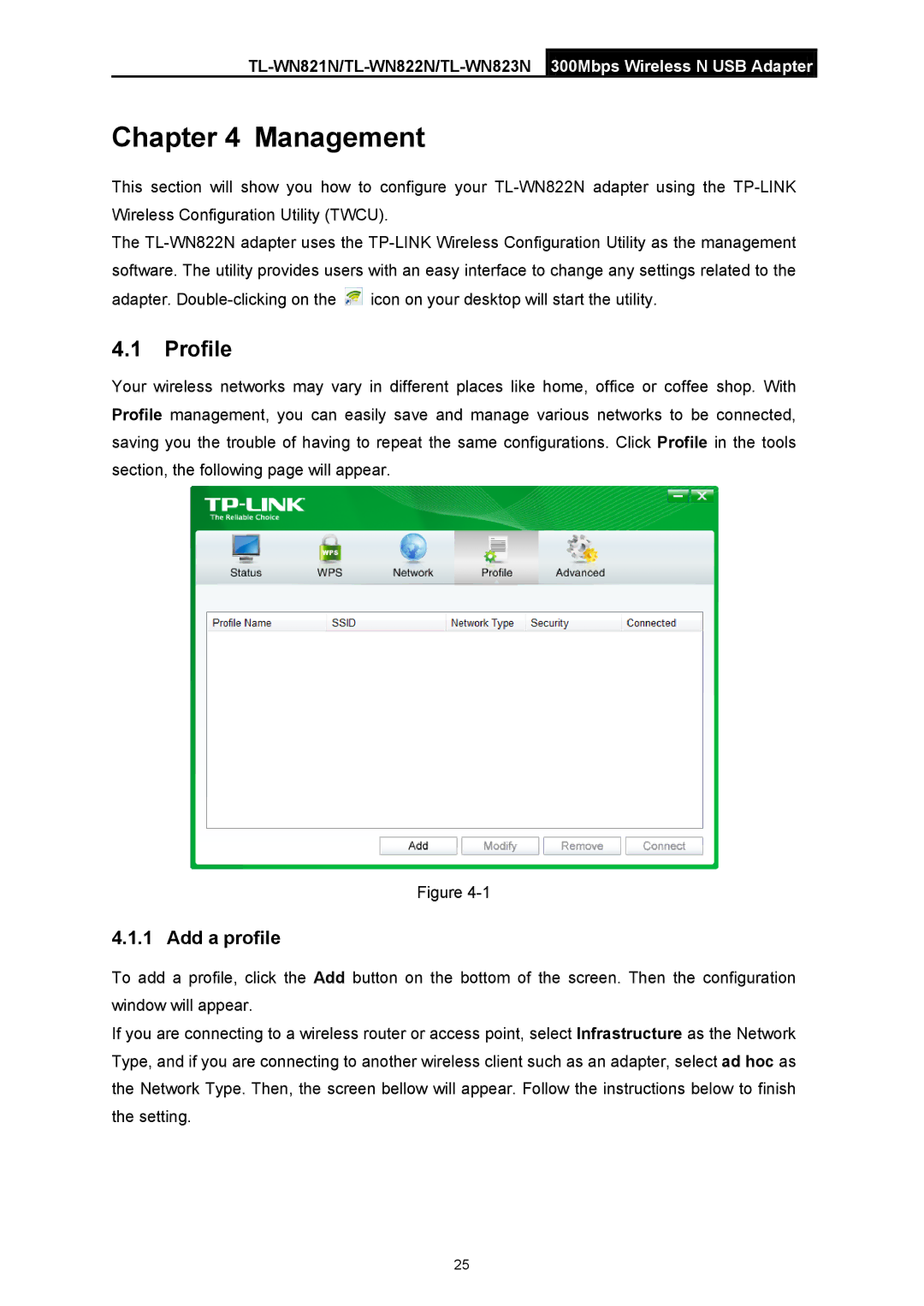 TP-Link TL-WN822N manual Management, Profile, Add a profile 