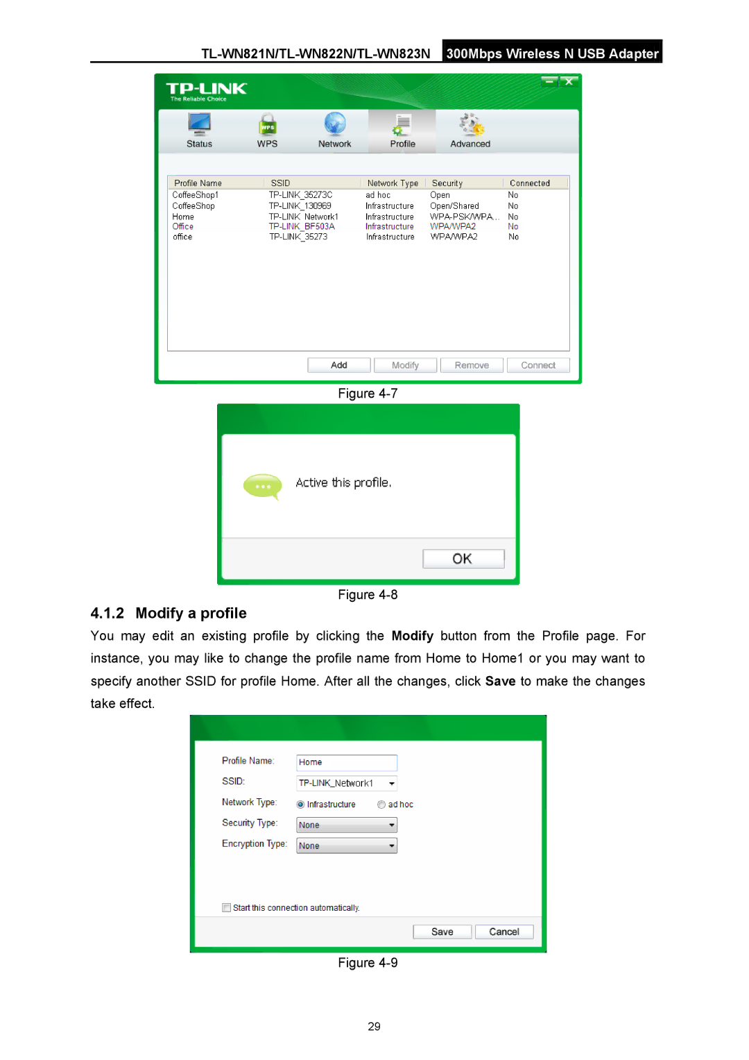 TP-Link TL-WN822N manual Modify a profile 