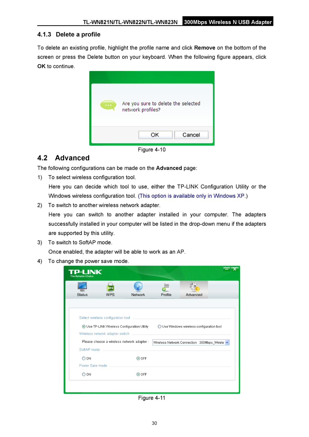 TP-Link TL-WN822N manual Advanced, Delete a profile 