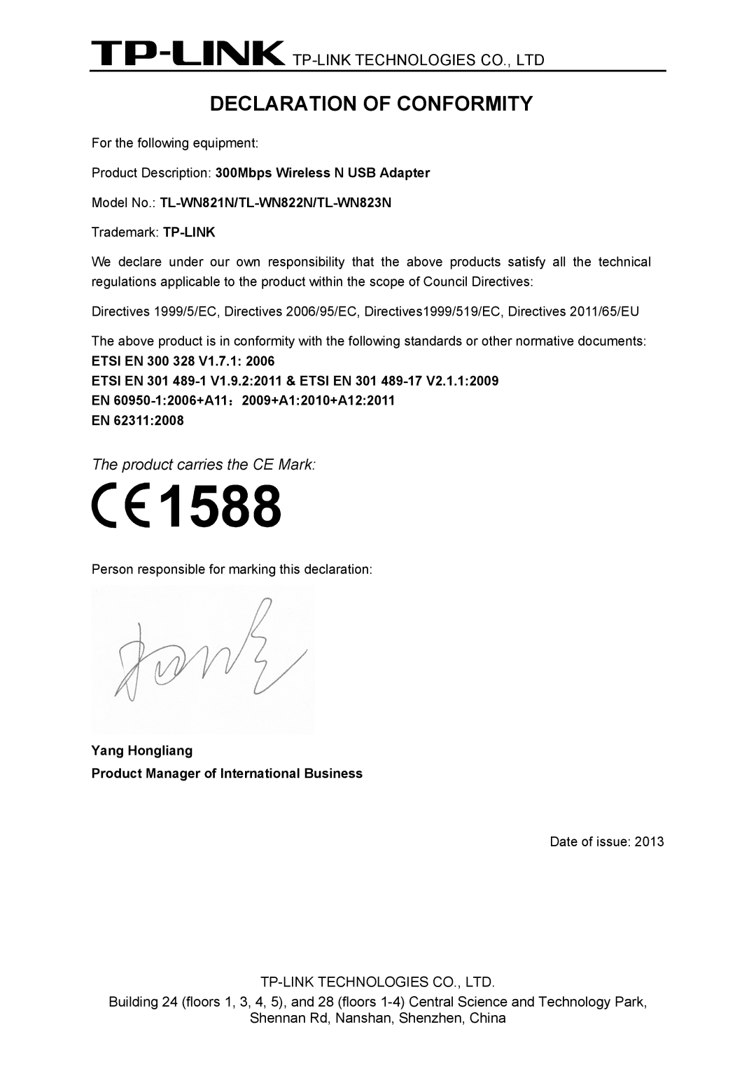 TP-Link TL-WN822N manual Declaration of Conformity 