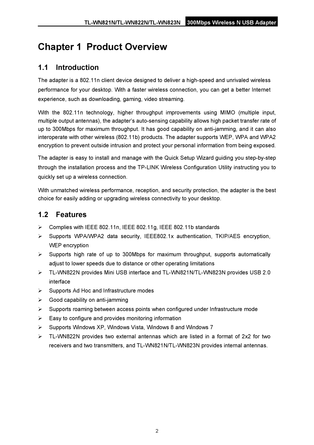 TP-Link TL-WN822N manual Product Overview, Introduction, Features 