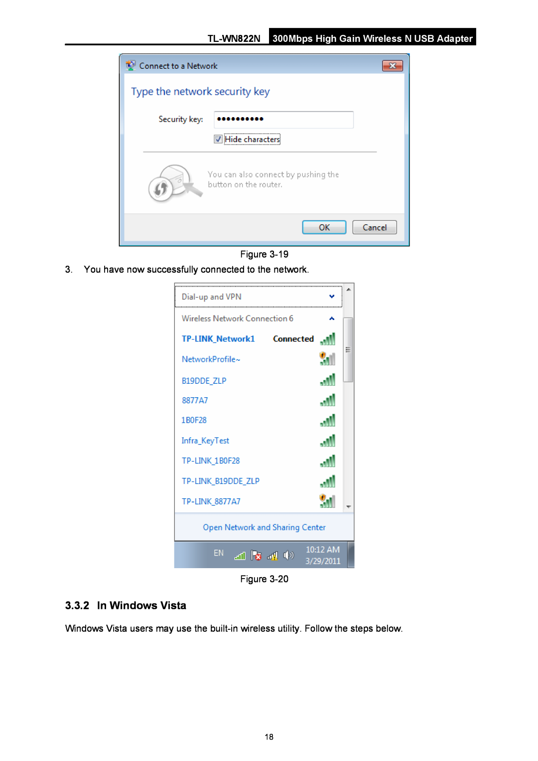 TP-Link manual In Windows Vista, TL-WN822N 300Mbps High Gain Wireless N USB Adapter 