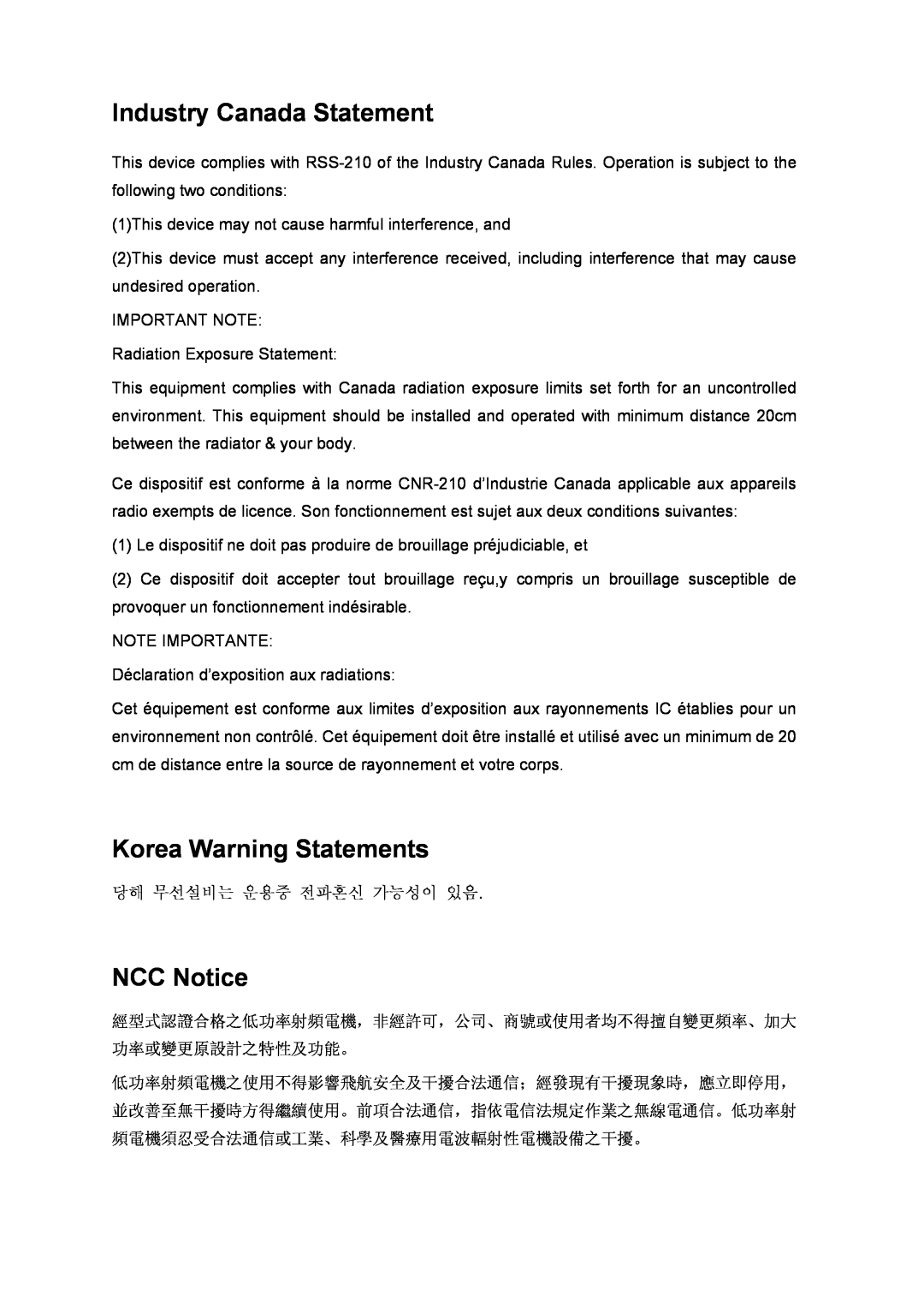 TP-Link TL-WN822N manual Industry Canada Statement, Korea Warning Statements, NCC Notice 