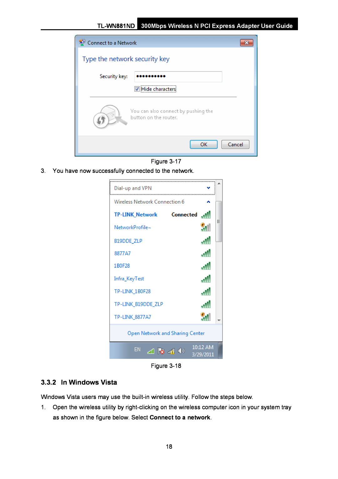 TP-Link manual In Windows Vista, TL-WN881ND 300Mbps Wireless N PCI Express Adapter User Guide 