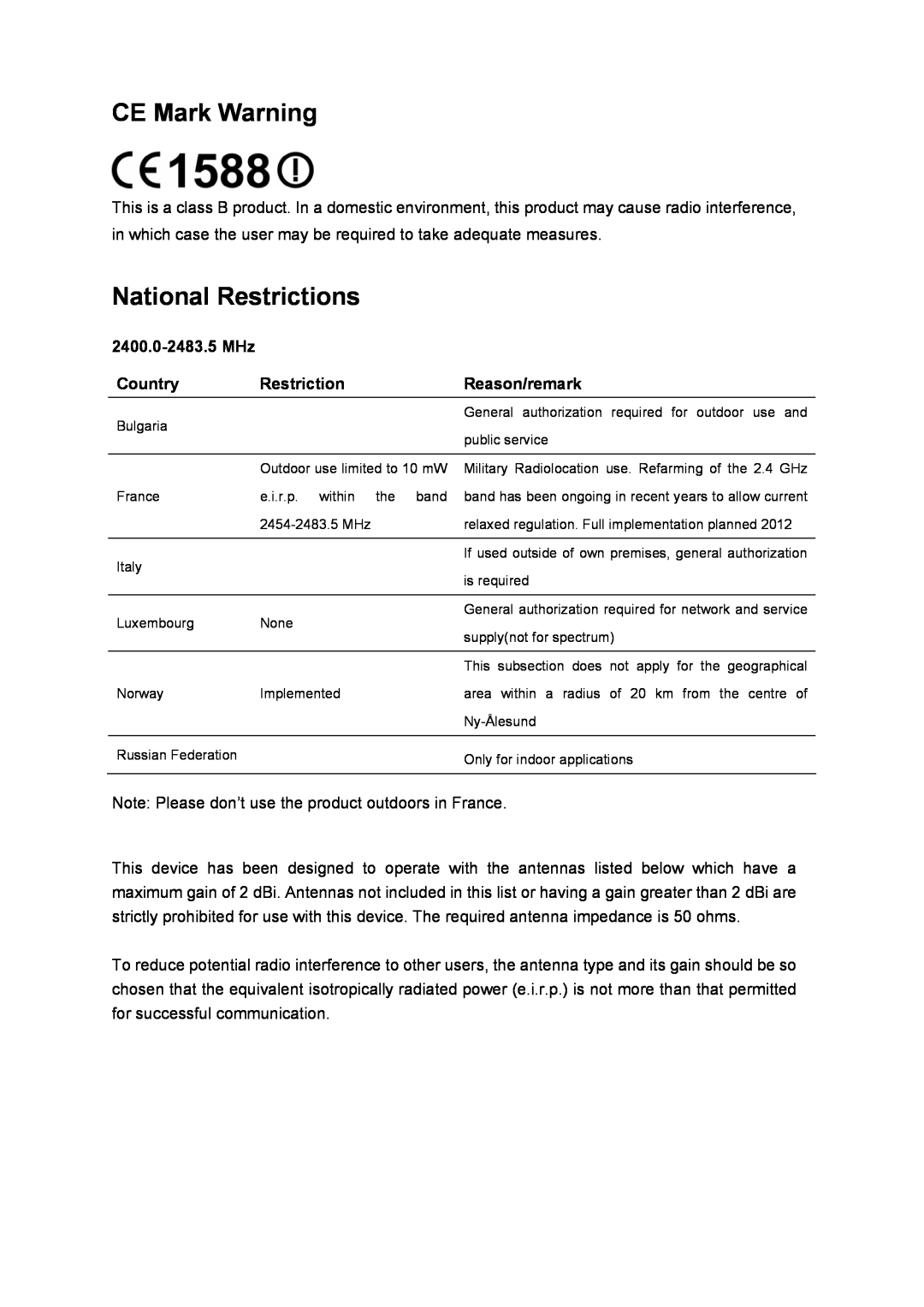 TP-Link TL-WN881ND manual CE Mark Warning, National Restrictions, 2400.0-2483.5 MHz, Country, Reason/remark 