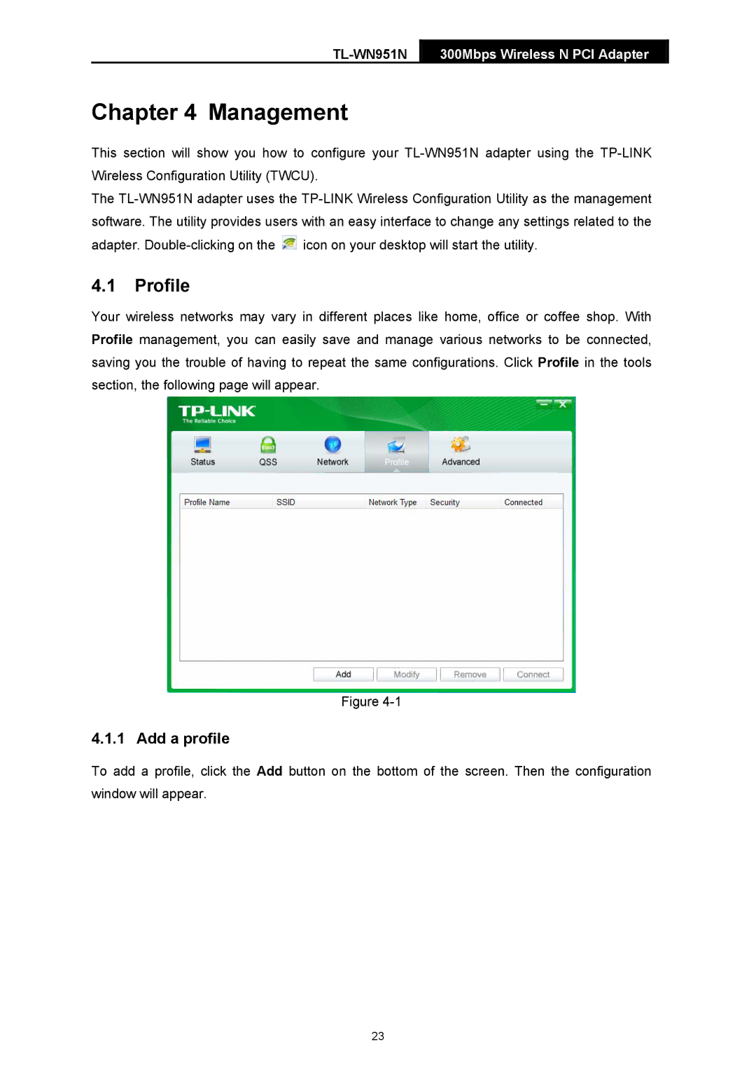 TP-Link TL-WN951N, TL-WN951-N manual Management, Profile, Add a profile 