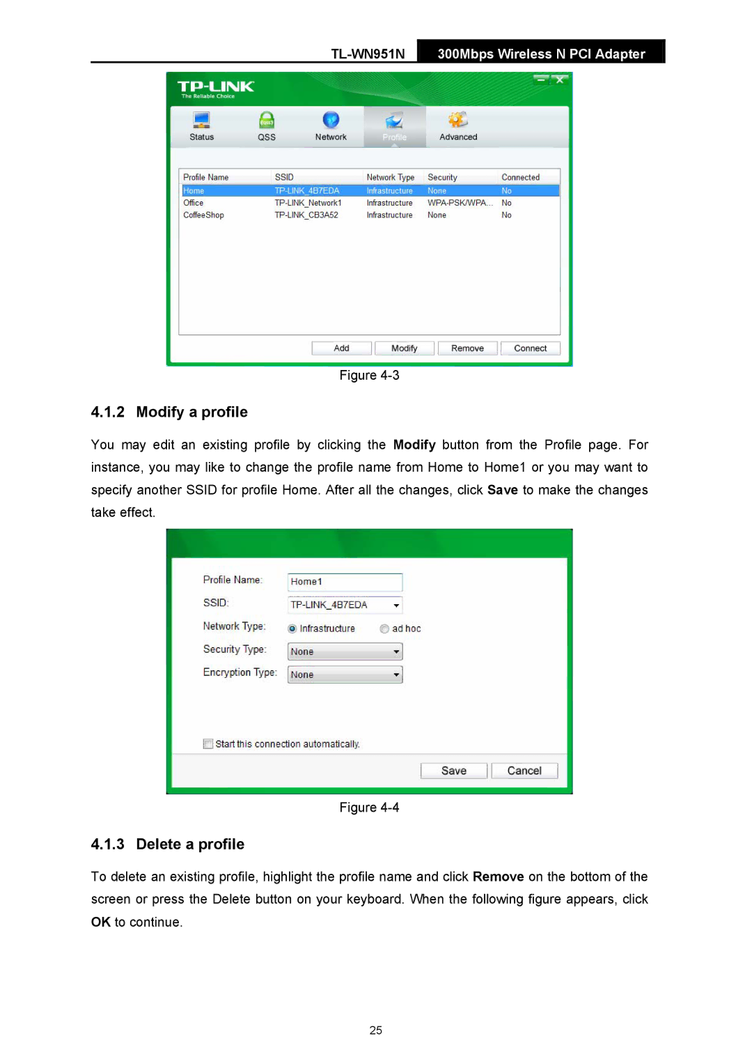 TP-Link TL-WN951N, TL-WN951-N manual Modify a profile, Delete a profile 