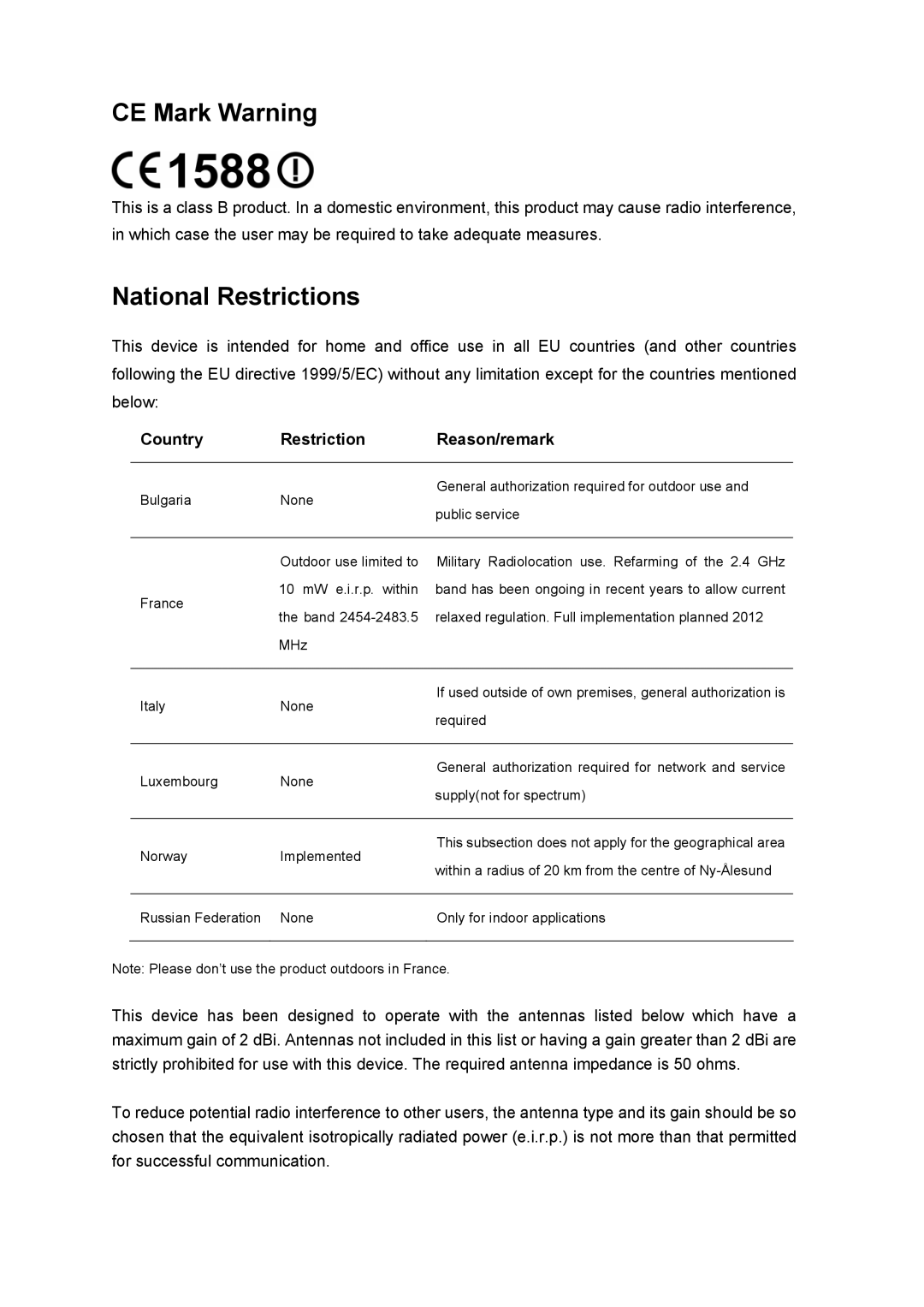 TP-Link TL-WN951N, TL-WN951-N manual CE Mark Warning, Country Restriction Reason/remark 