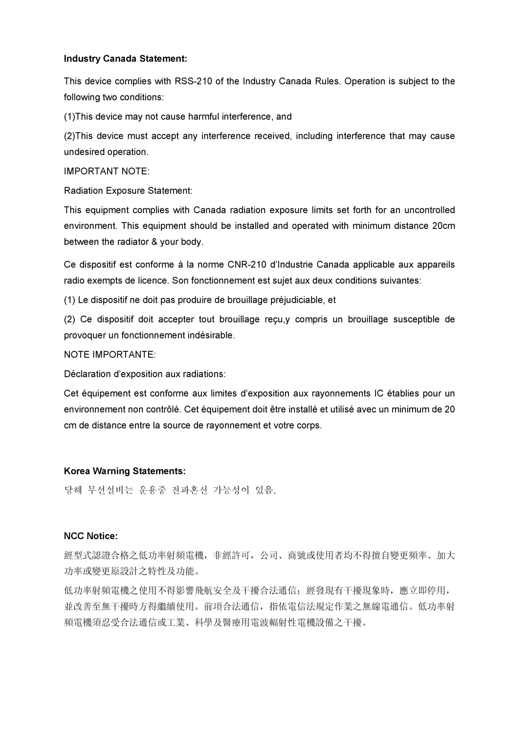 TP-Link TL-WN951-N, TL-WN951N manual Industry Canada Statement, Korea Warning Statements, NCC Notice 