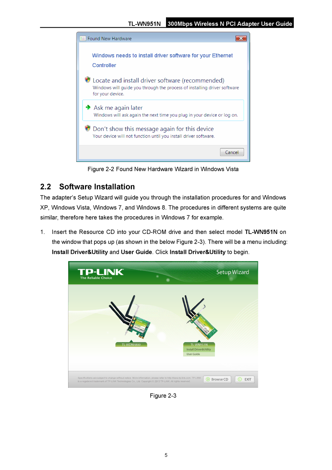 TP-Link TL-WN951N manual Software Installation, Found New Hardware Wizard in Windows Vista 