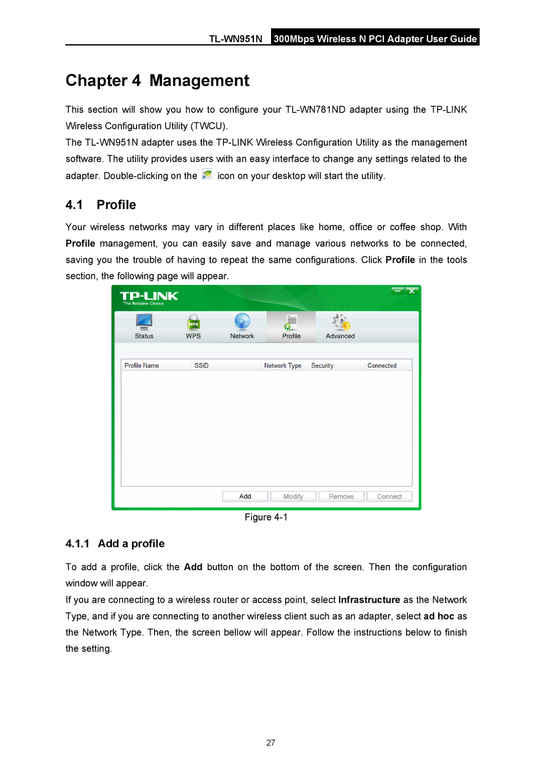 TP-Link TL-WN951N manual Management, Profile, Add a profile 