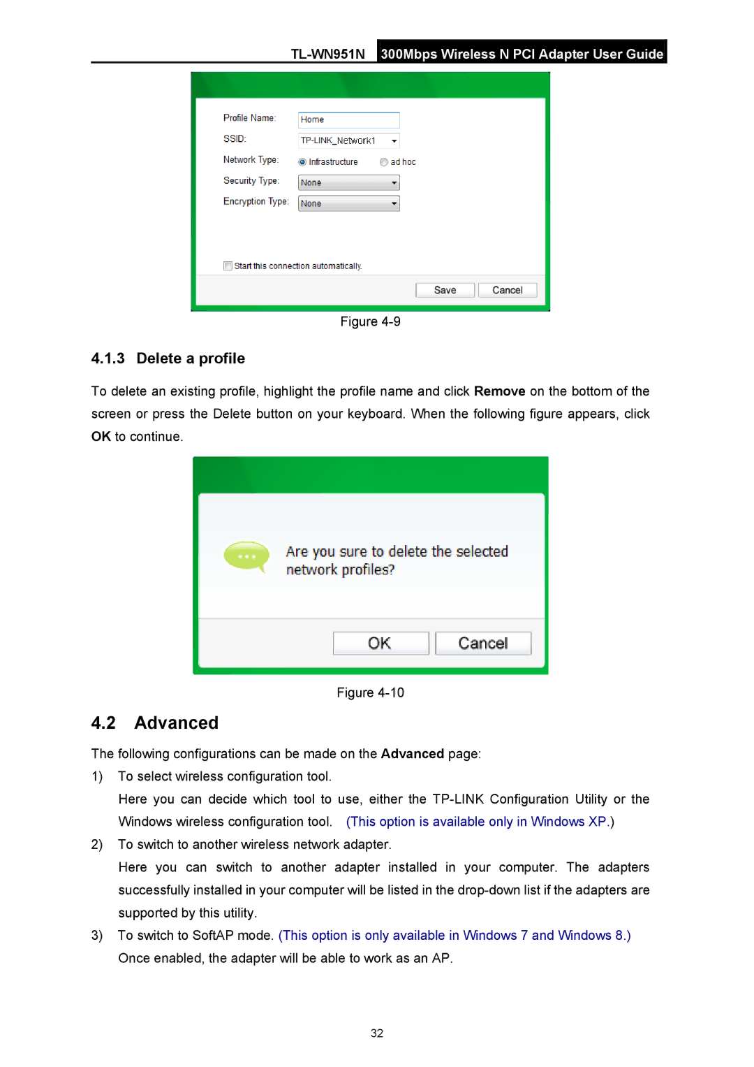 TP-Link TL-WN951N manual Advanced, Delete a profile 