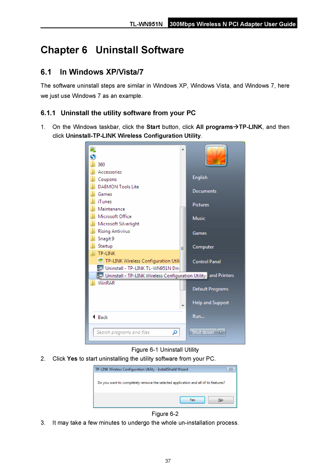 TP-Link TL-WN951N manual Uninstall Software, Windows XP/Vista/7, Uninstall the utility software from your PC 