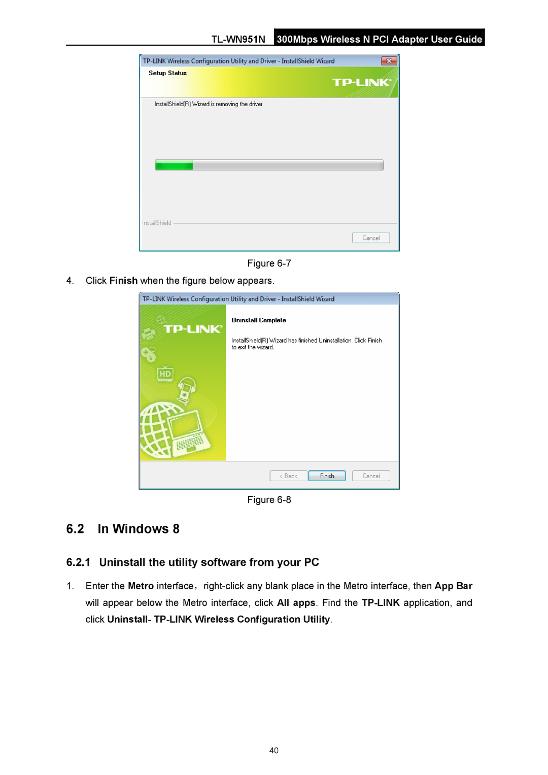 TP-Link TL-WN951N manual Windows, Uninstall the utility software from your PC 