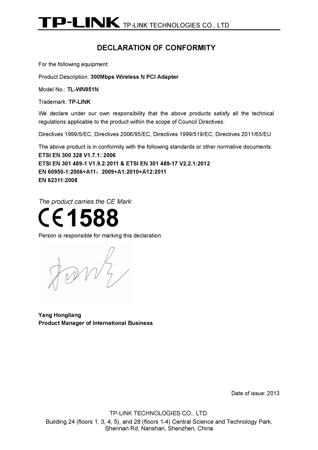 TP-Link TL-WN951N manual Declaration of Conformity 