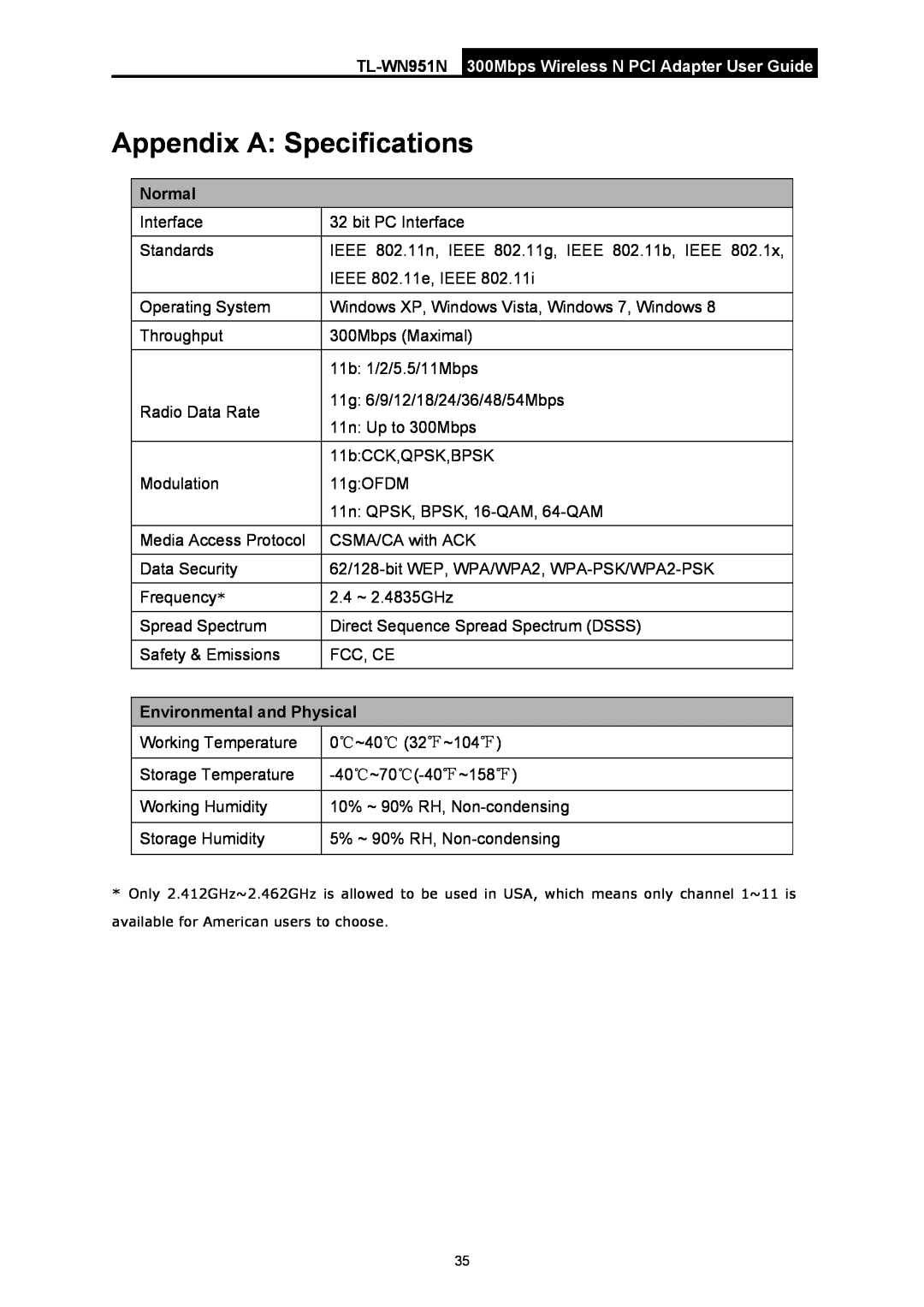TP-Link TL-WN951N manual Appendix A Specifications, Normal, Environmental and Physical 