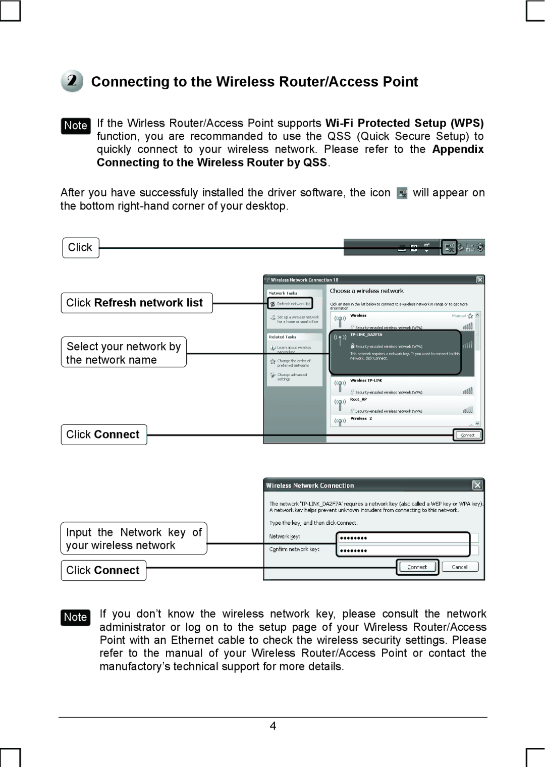 TP-Link TL-WNB51N Connecting to the Wireless Router/Access Point, Connecting to the Wireless Router by QSS, Click Connect 