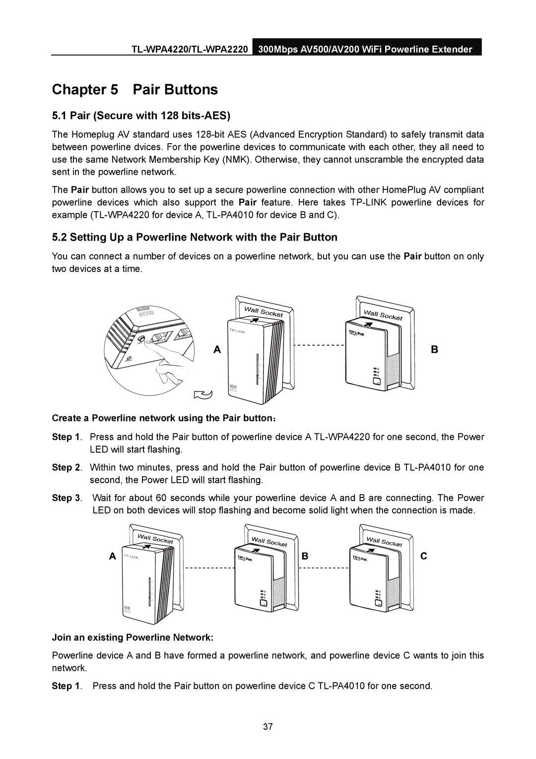 TP-Link TL-WPA2220 manual Pair Buttons, Pair Secure with 128 bits-AES, Setting Up a Powerline Network with the Pair Button 