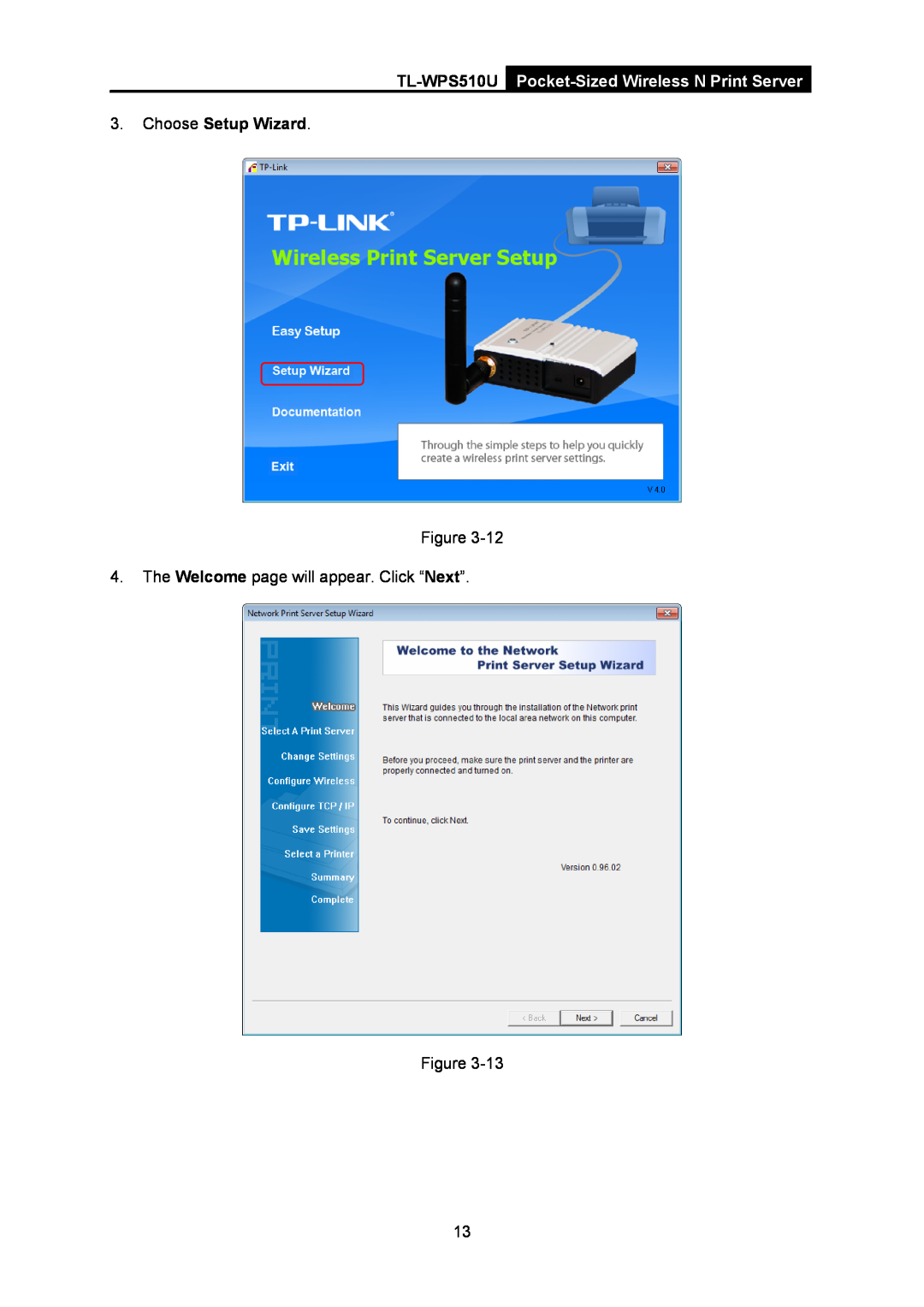 TP-Link tl-wps510u manual TL-WPS510U, Pocket-Sized Wireless N Print Server, Choose Setup Wizard 