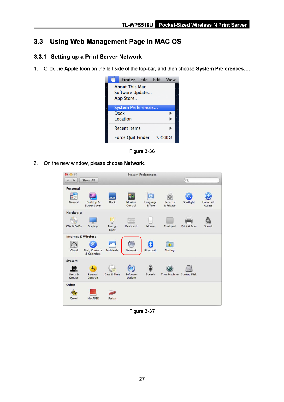 TP-Link tl-wps510u manual Using Web Management Page in MAC OS, Setting up a Print Server Network 