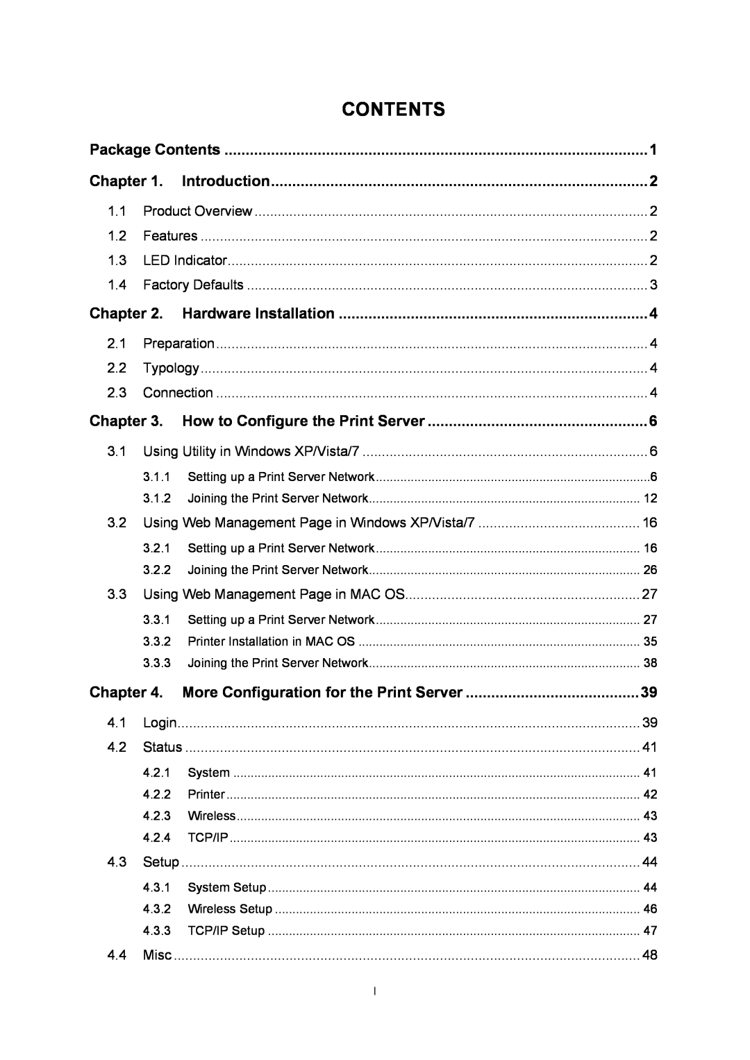 TP-Link tl-wps510u Package Contents, Chapter, Introduction, Hardware Installation, How to Configure the Print Server 