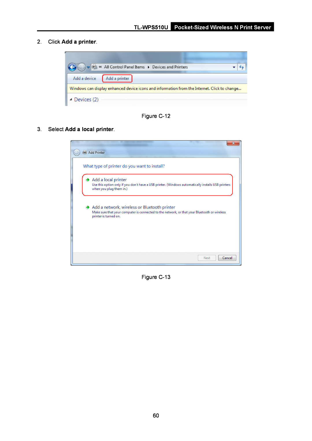TP-Link tl-wps510u manual TL-WPS510U, Pocket-Sized Wireless N Print Server, Click Add a printer, Figure C-12, Figure C-13 