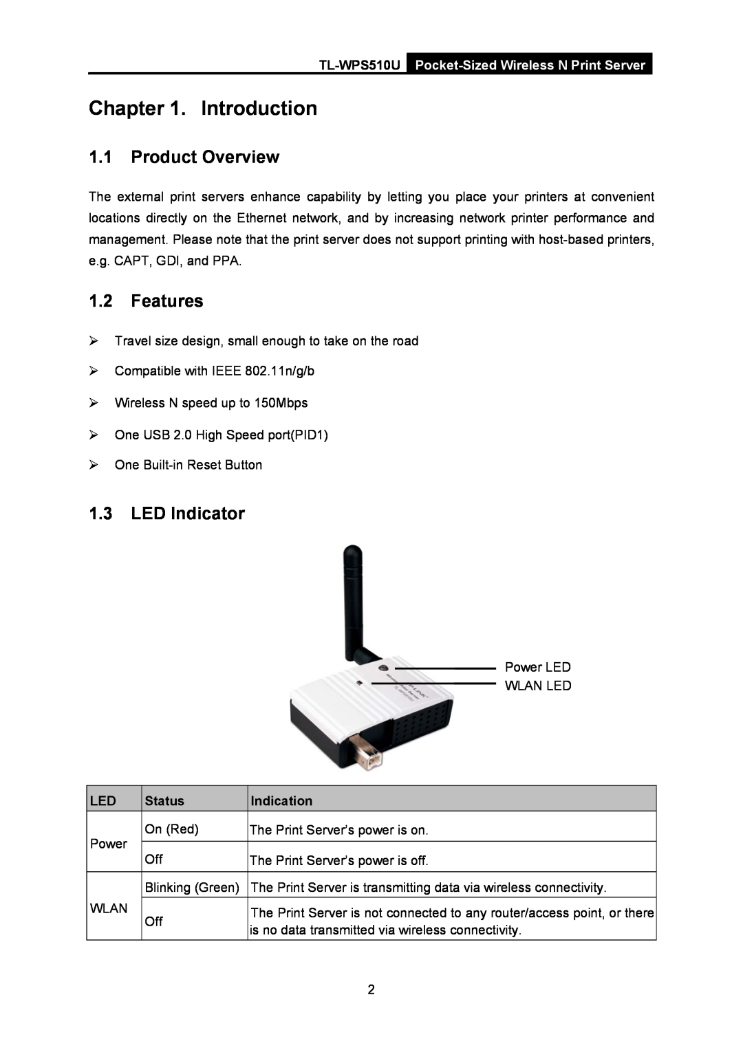 TP-Link tl-wps510u manual Introduction, Product Overview, Features, LED Indicator, Status, Indication 