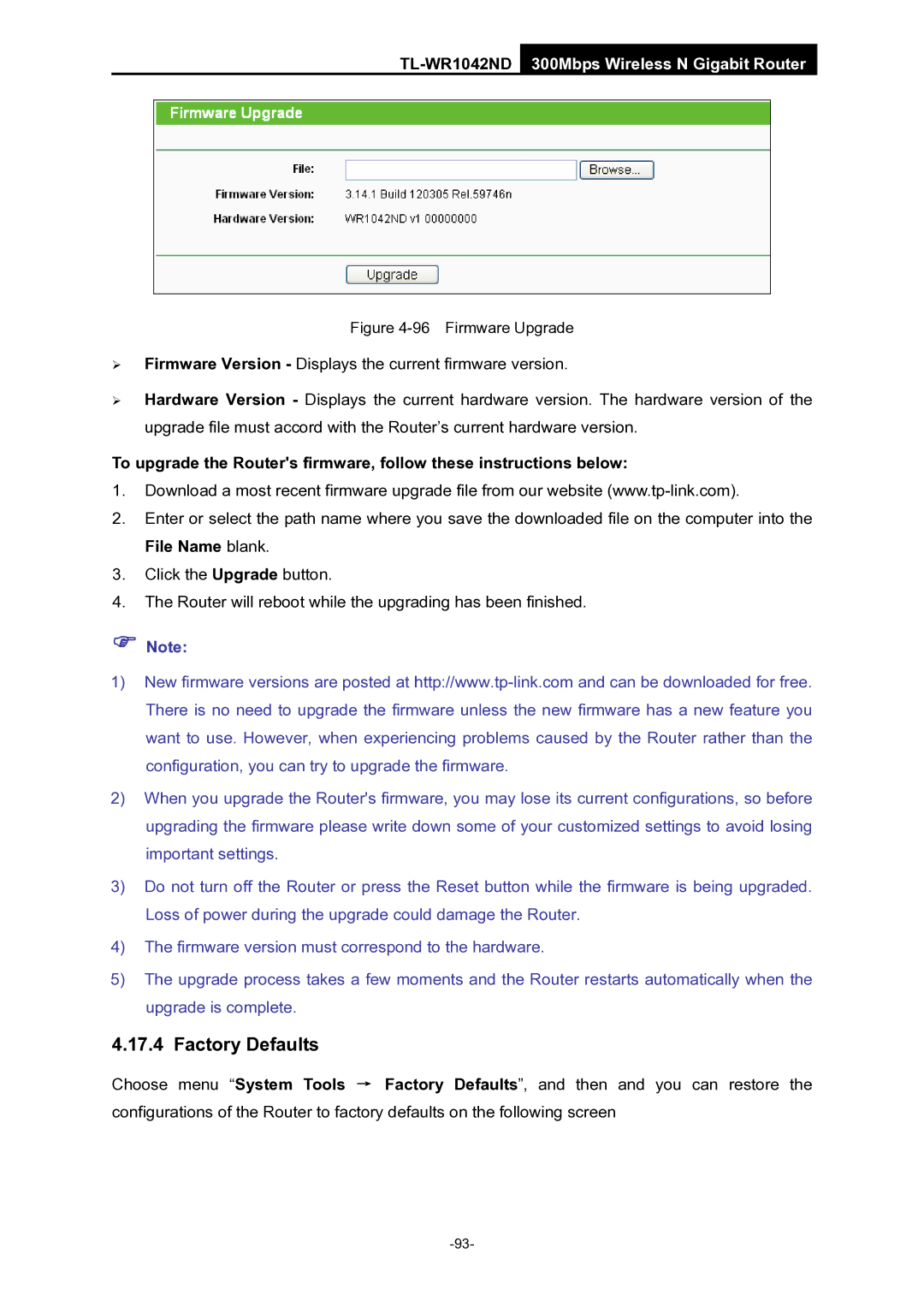 TP-Link TL-WR1042ND manual Factory Defaults, Firmware Upgrade 