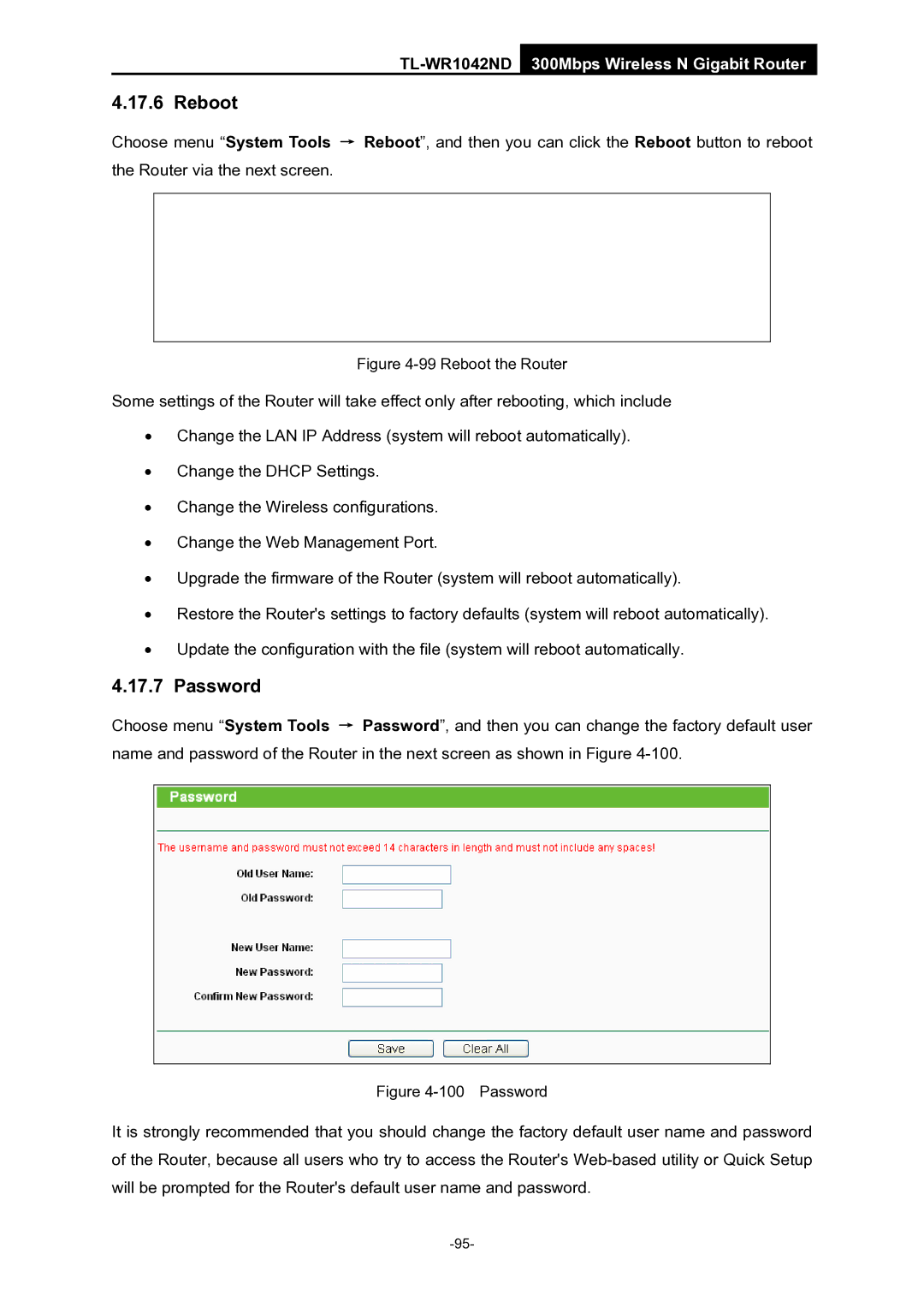 TP-Link TL-WR1042ND manual Reboot, Password 