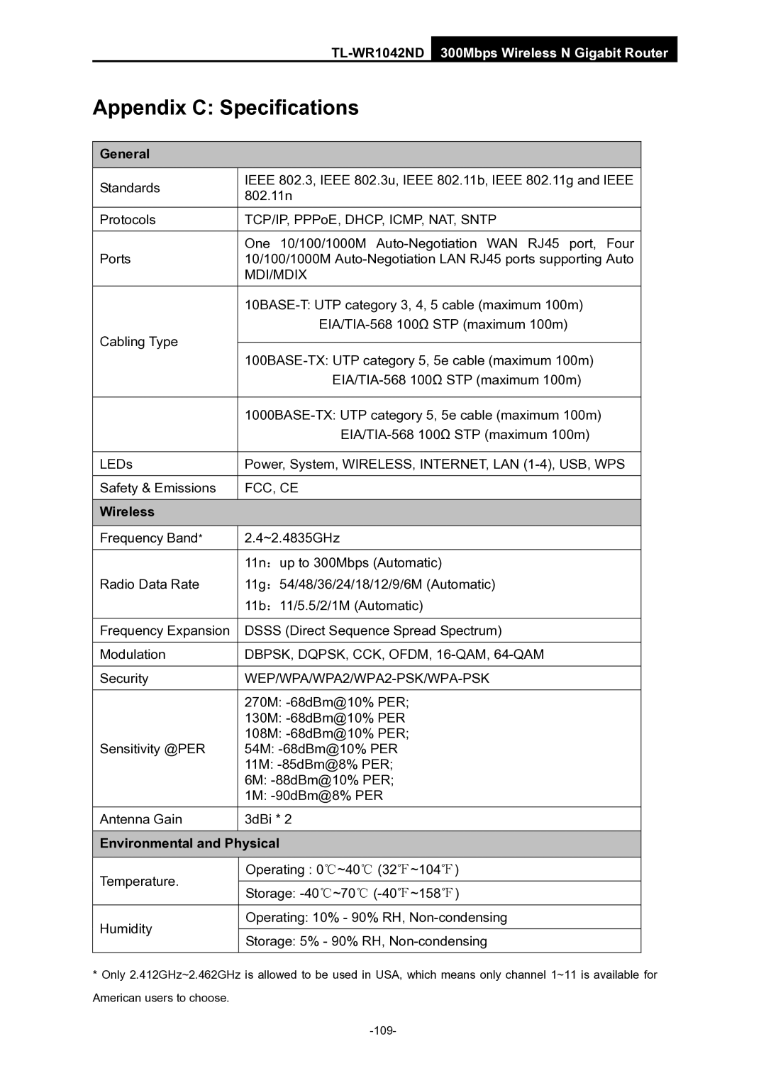 TP-Link TL-WR1042ND manual General, Wireless, Environmental and Physical 