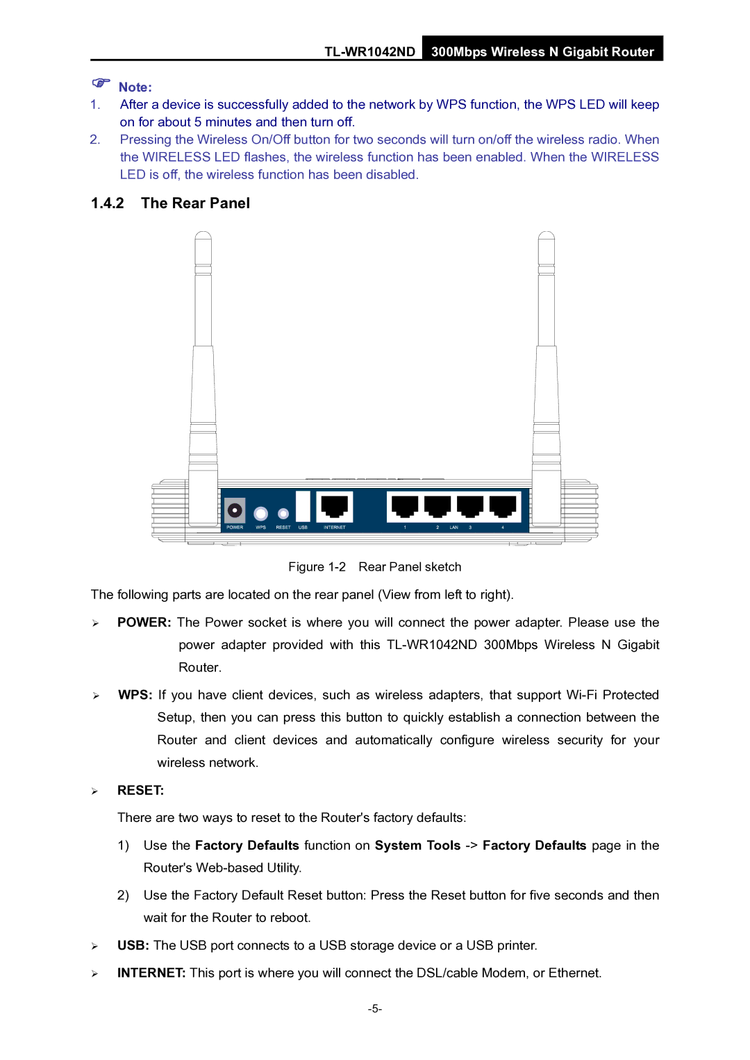 TP-Link TL-WR1042ND manual Rear Panel, ¾ Reset 