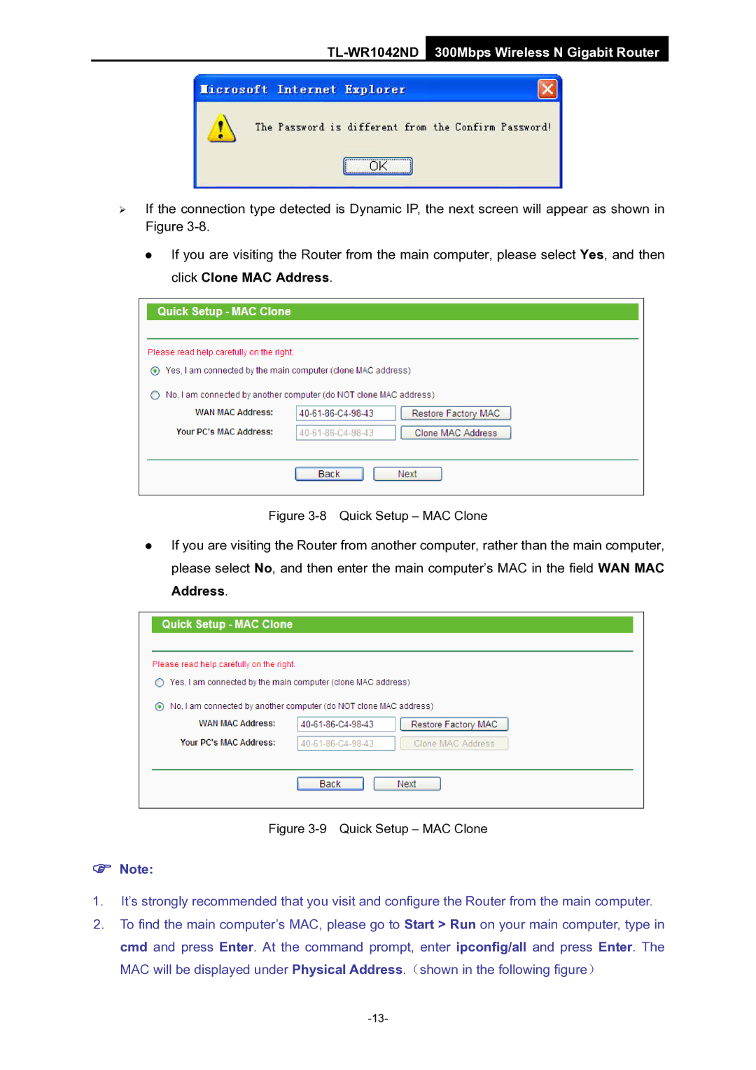 TP-Link TL-WR1042ND manual Quick Setup MAC Clone 