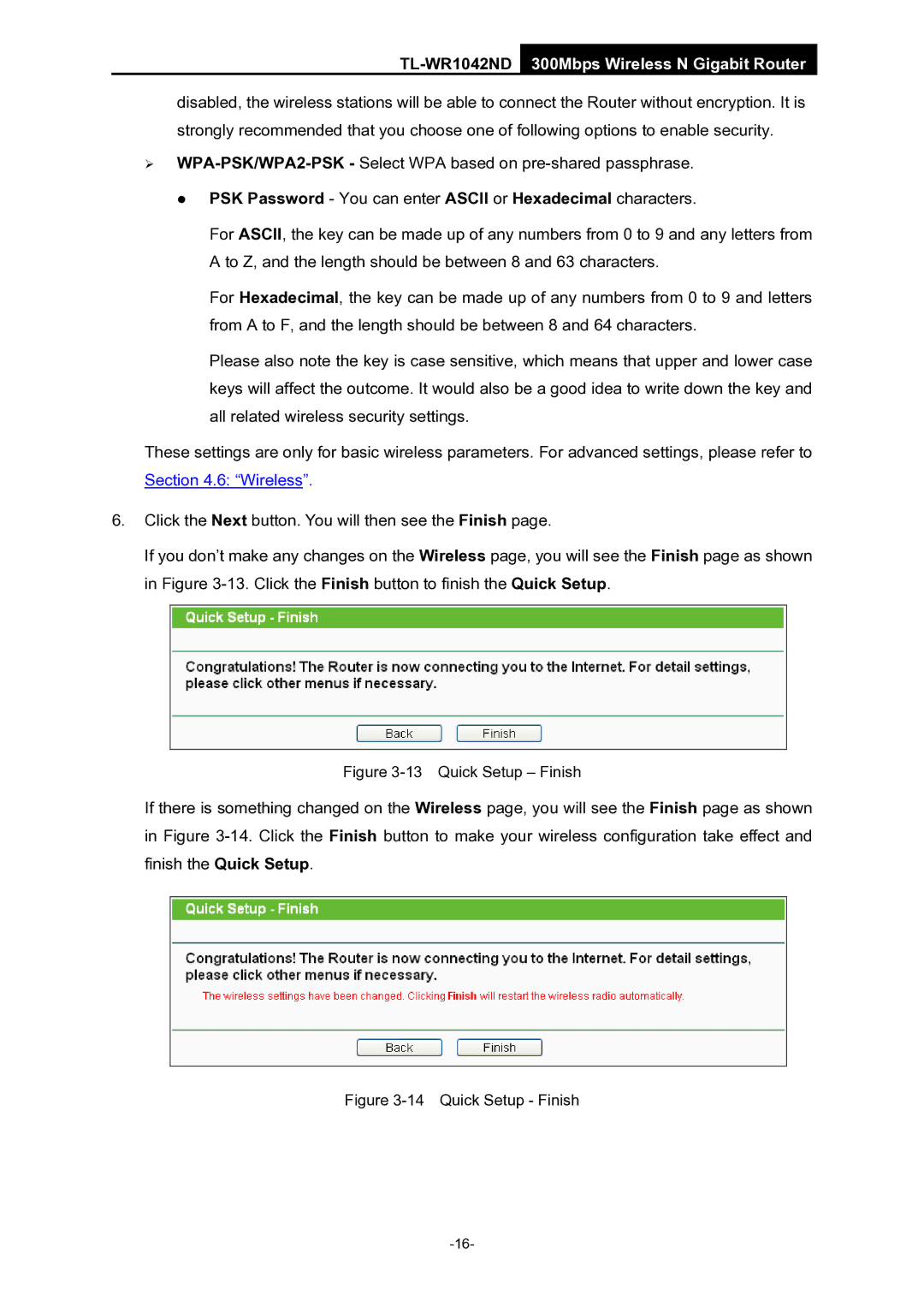 TP-Link TL-WR1042ND manual PSK Password You can enter Ascii or Hexadecimal characters, Quick Setup Finish 