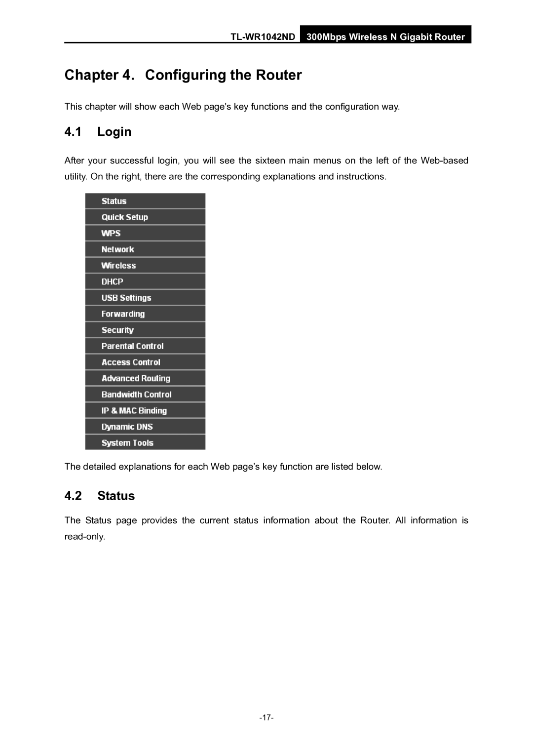 TP-Link TL-WR1042ND manual Login, Status 