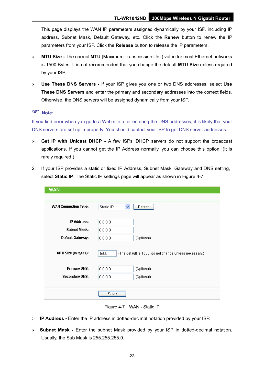 TP-Link TL-WR1042ND manual WAN Static IP 