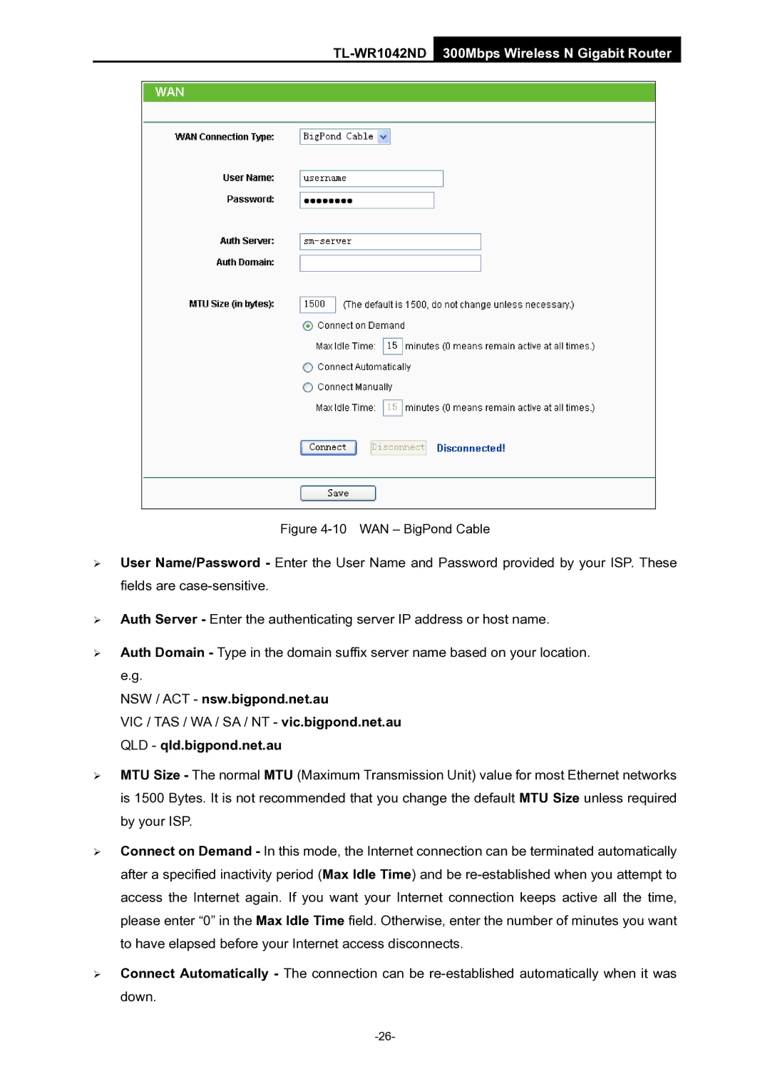 TP-Link TL-WR1042ND manual NSW / ACT nsw.bigpond.net.au, WAN BigPond Cable 