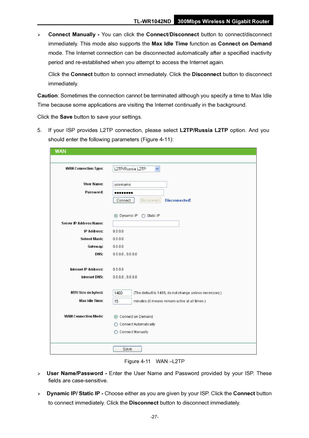 TP-Link TL-WR1042ND manual WAN -L2TP 