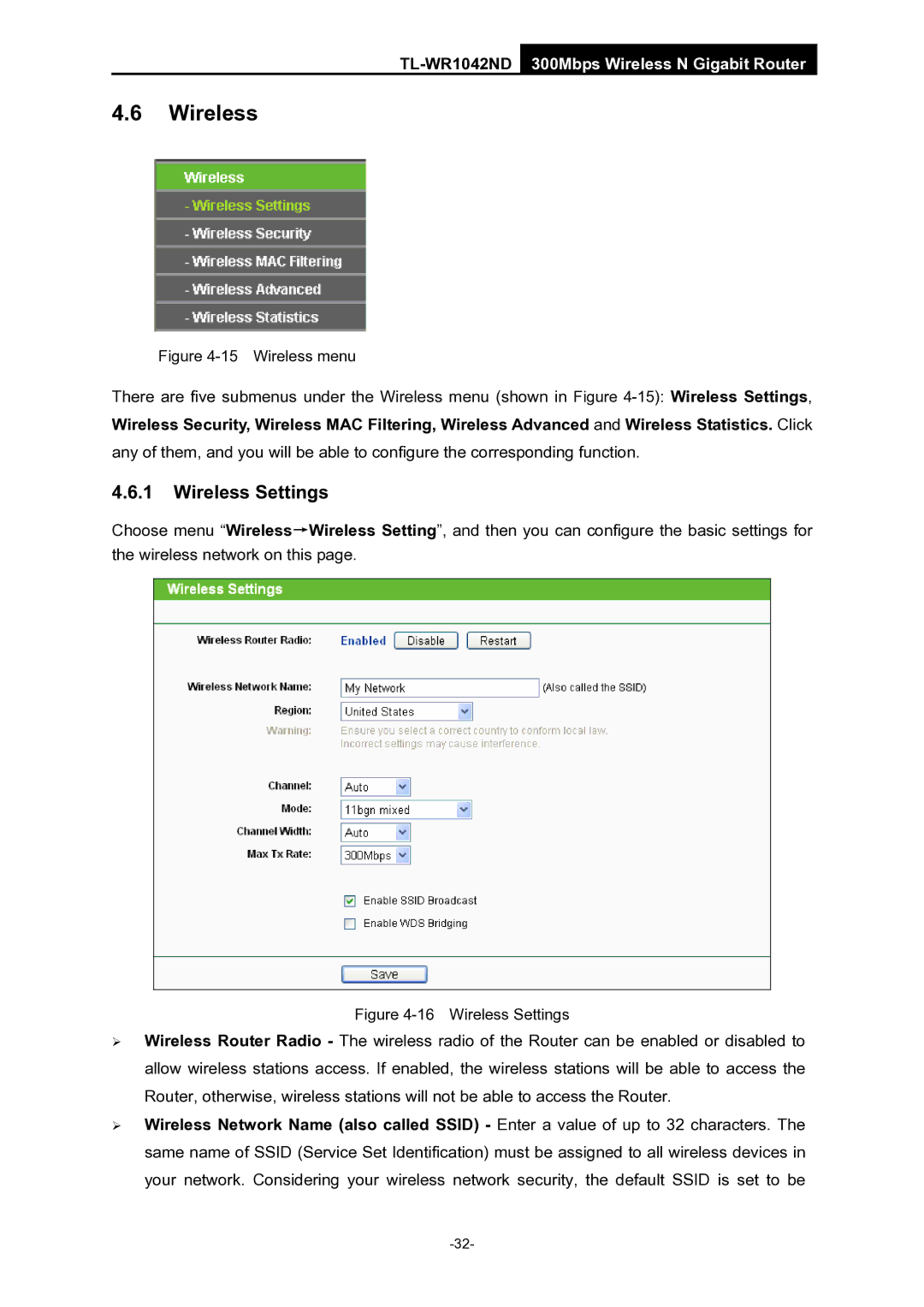 TP-Link TL-WR1042ND manual Wireless Settings 