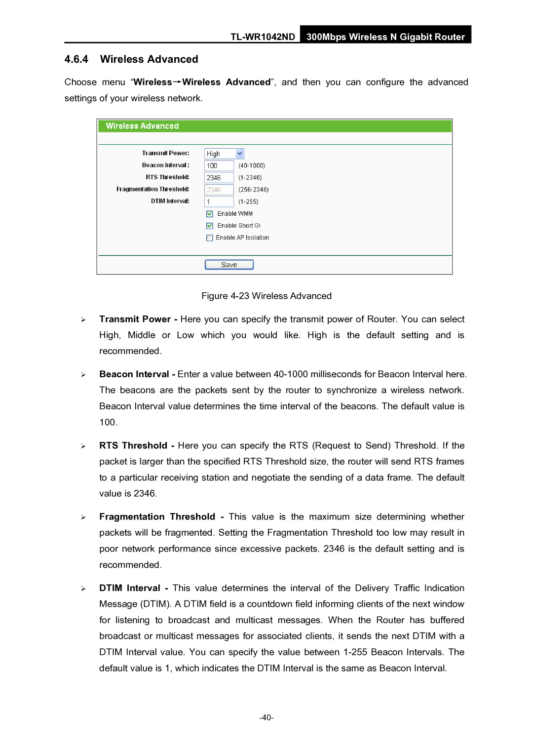 TP-Link TL-WR1042ND manual Wireless Advanced 