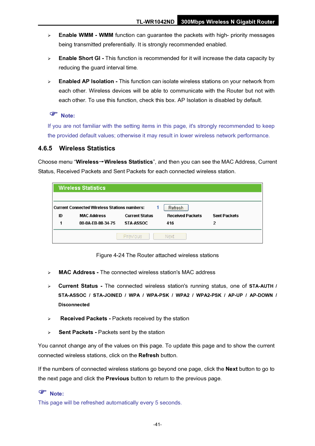 TP-Link TL-WR1042ND manual Wireless Statistics 