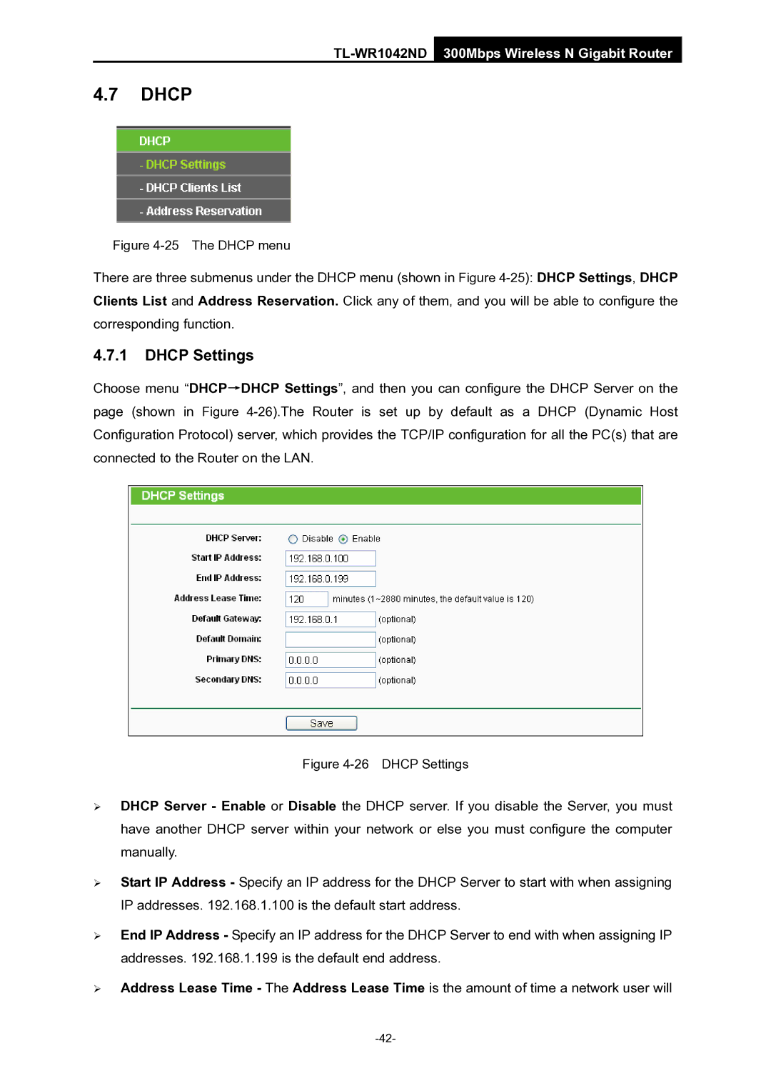 TP-Link TL-WR1042ND manual Dhcp Settings 